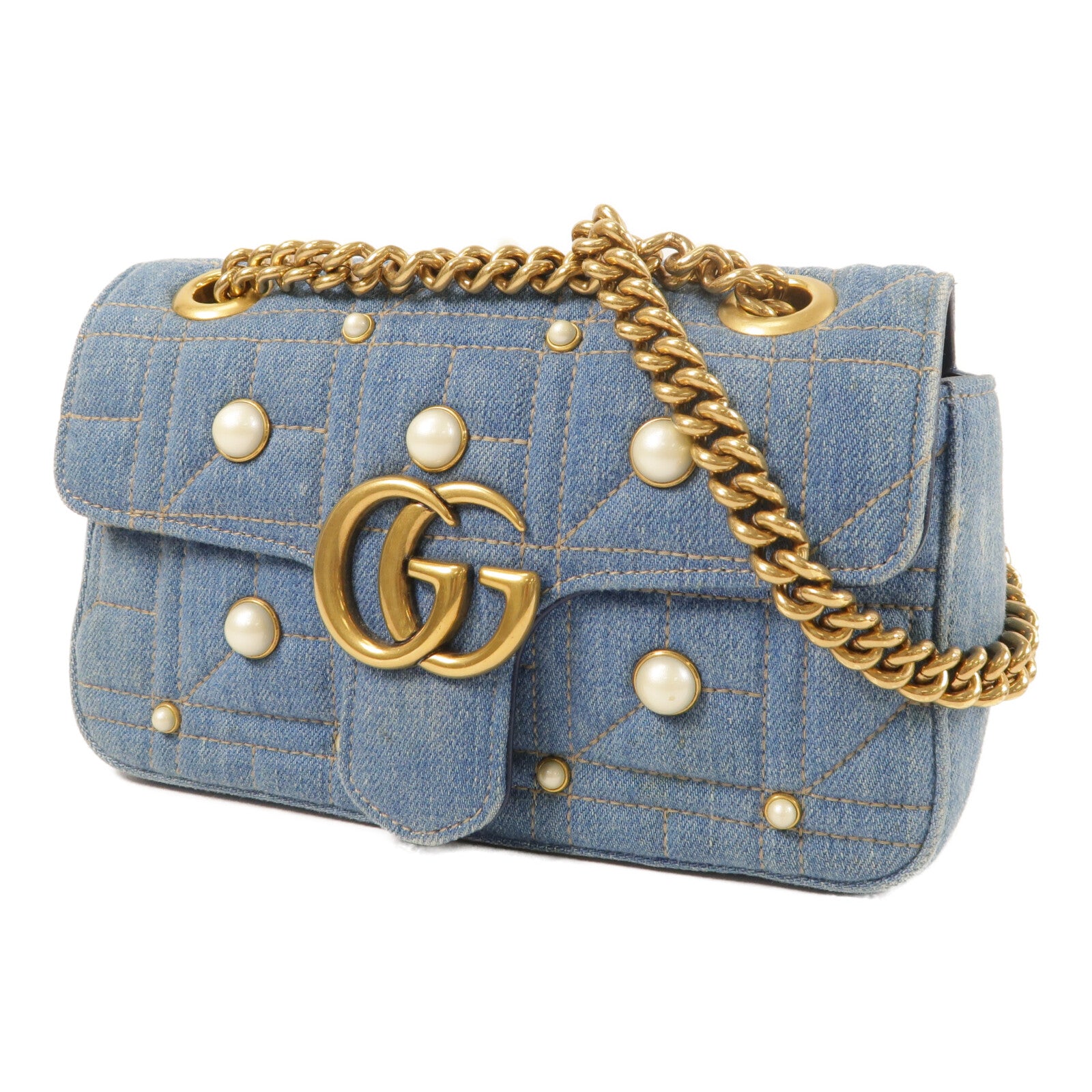 GUCCI 牛仔布GG Marmont金扣鏈帶肩背袋