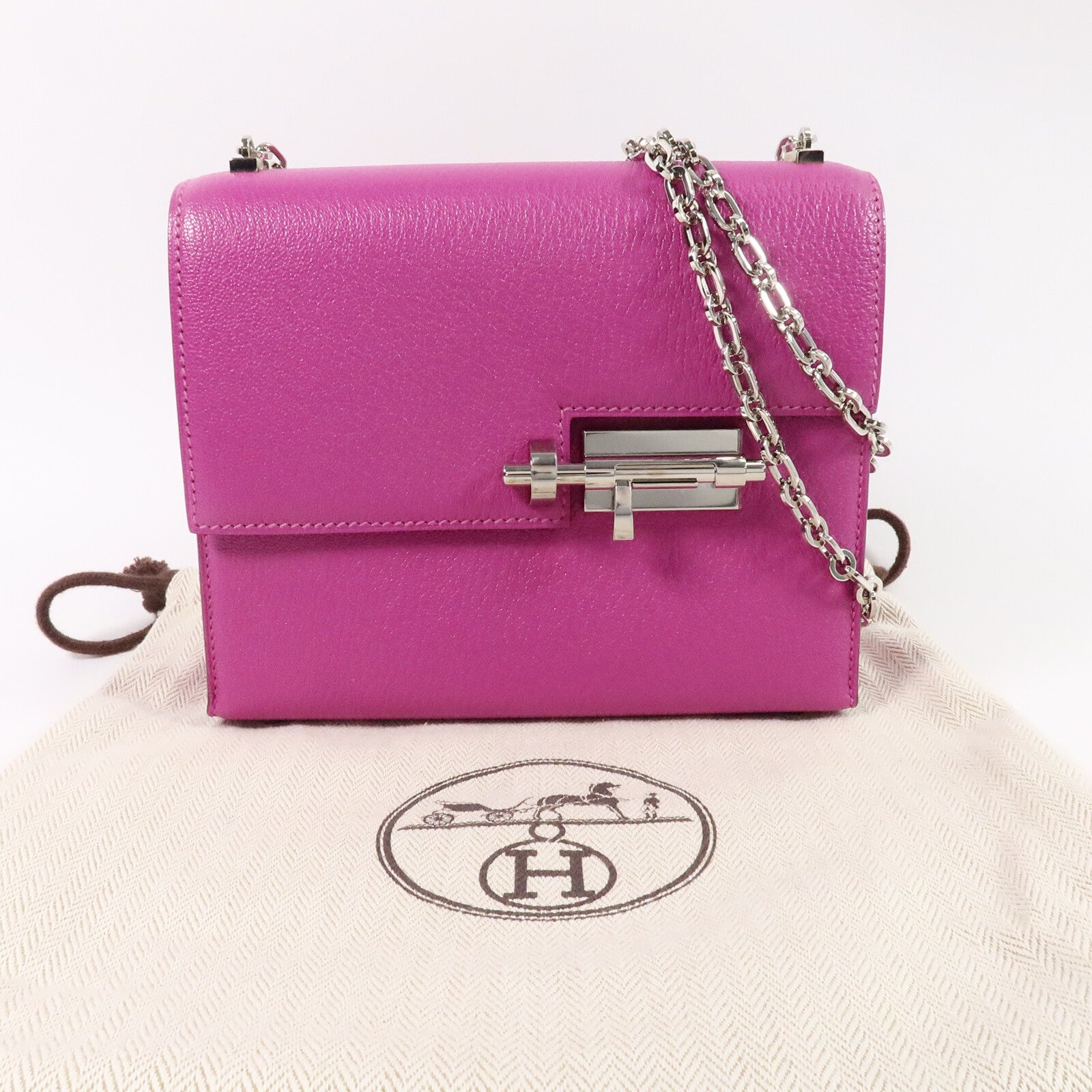 HERMES Chevre皮革Verrou Mini鏈帶肩背袋Rose Purple