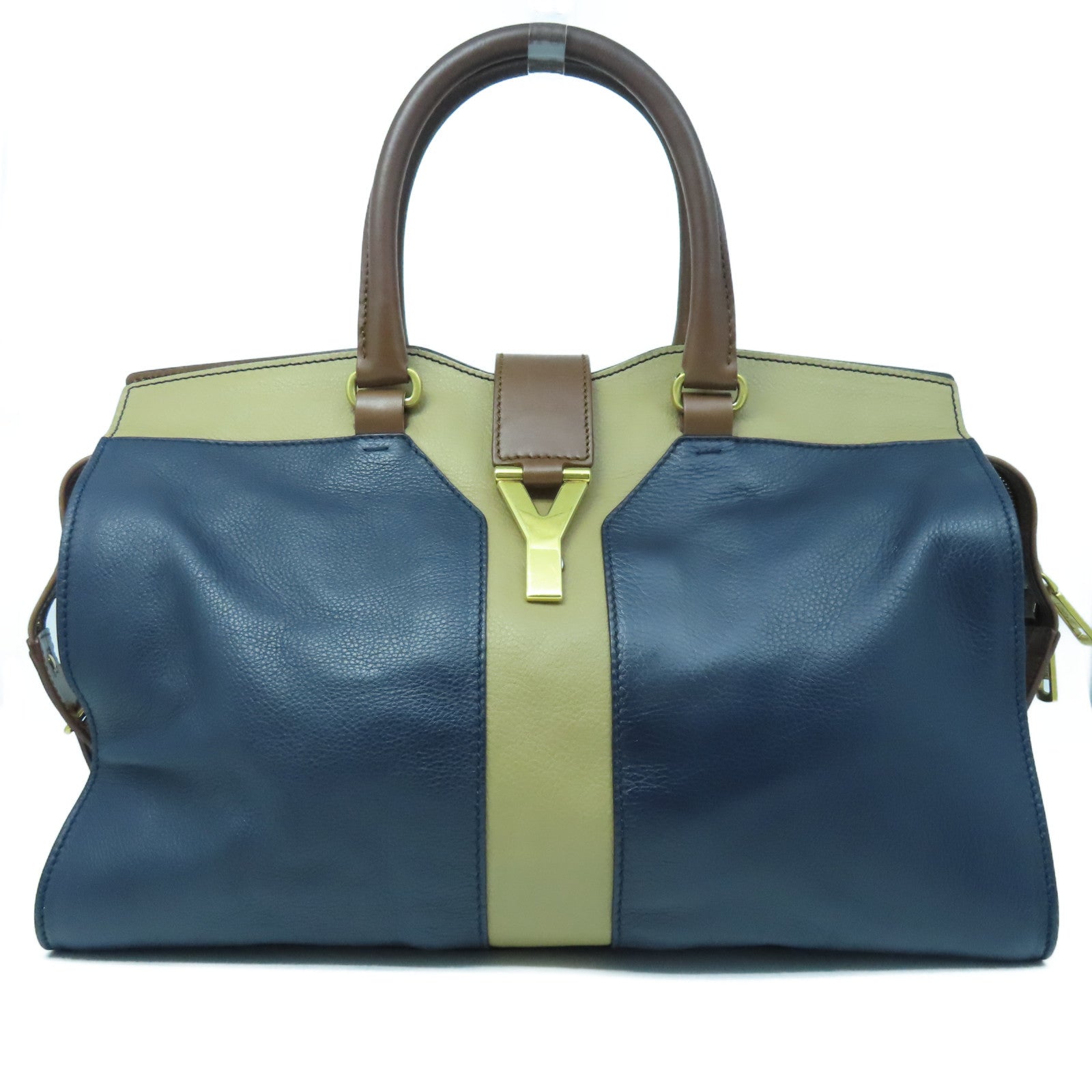 YVES SAINT LAURENT 牛皮皮革Hand Bag金扣手挽袋啡色/深蓝色