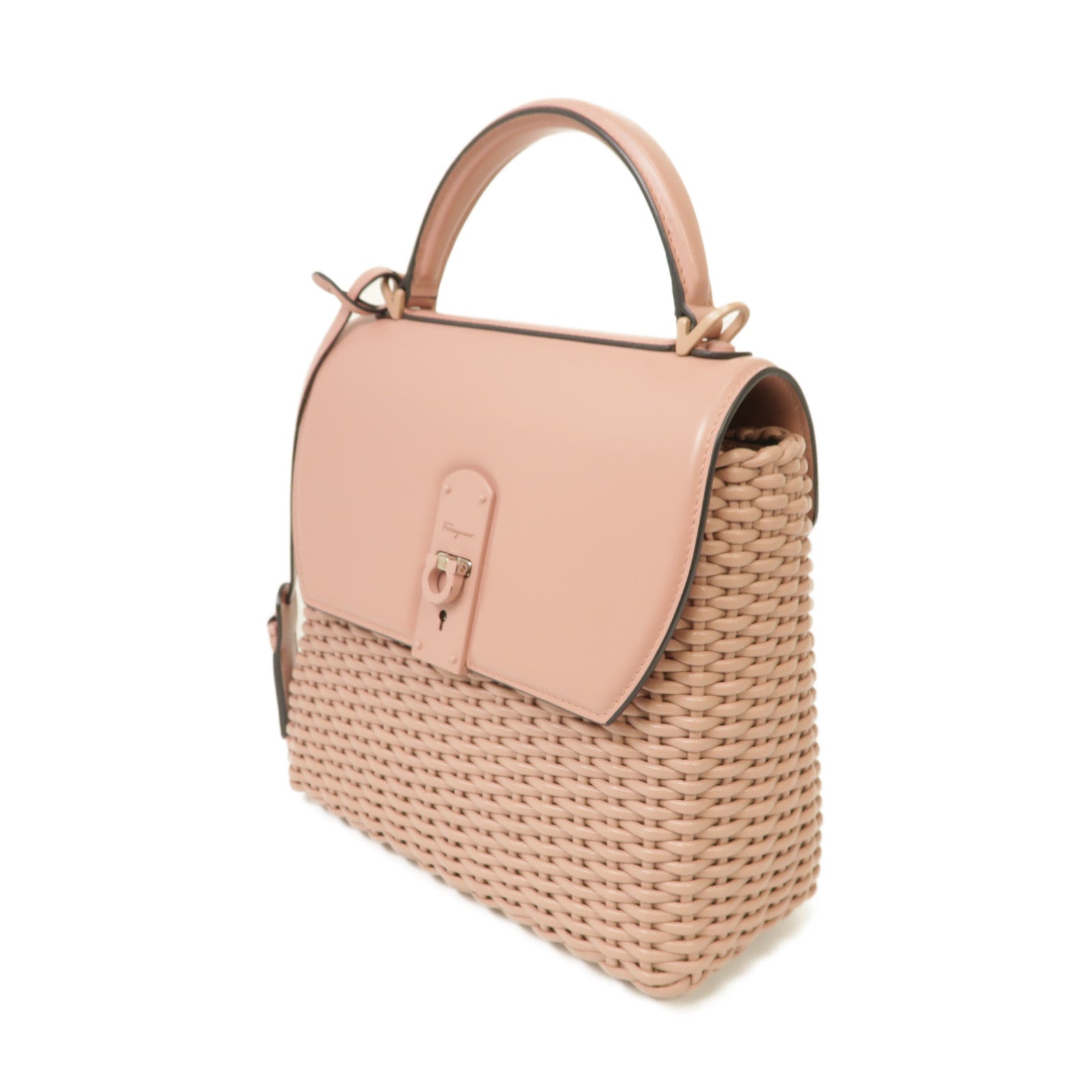 Salvatore Ferragamo 牛皮皮革Gancini Wicker銀扣手挽肩背兩用袋粉紅色
