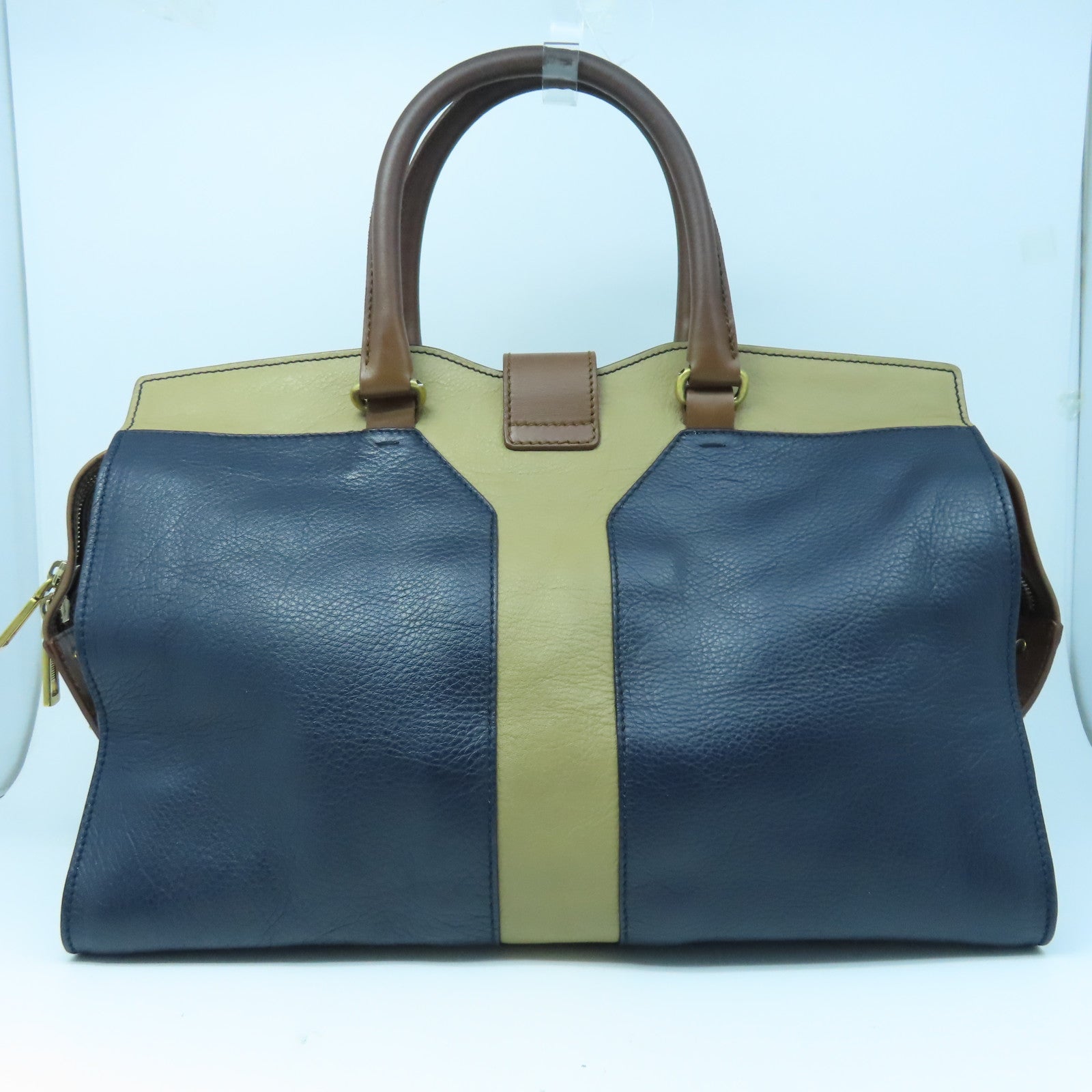 YVES SAINT LAURENT 牛皮皮革Hand Bag金扣手挽袋啡色/深蓝色