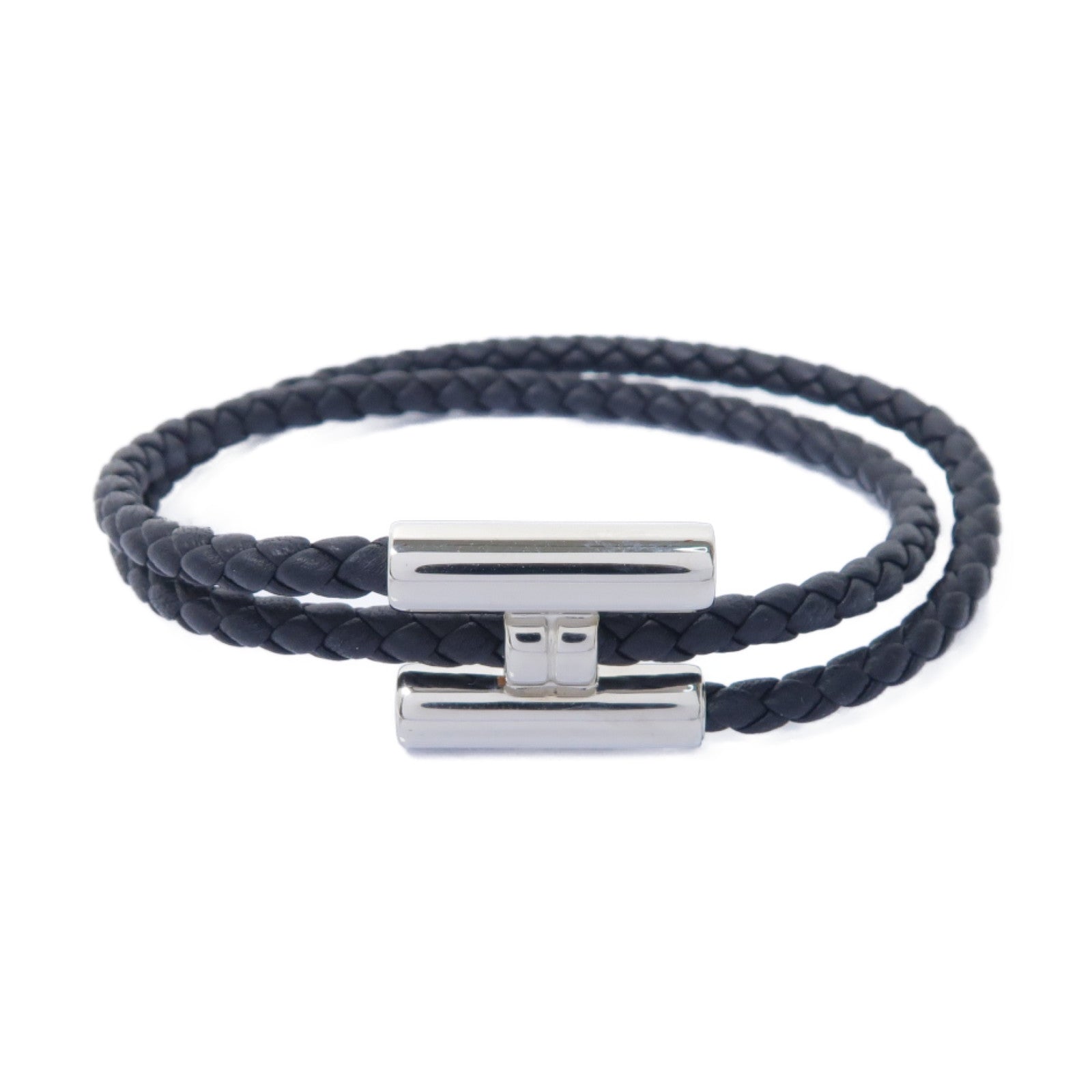 HERMES 牛皮皮革Tournis Tresse銀扣手鐲黑色