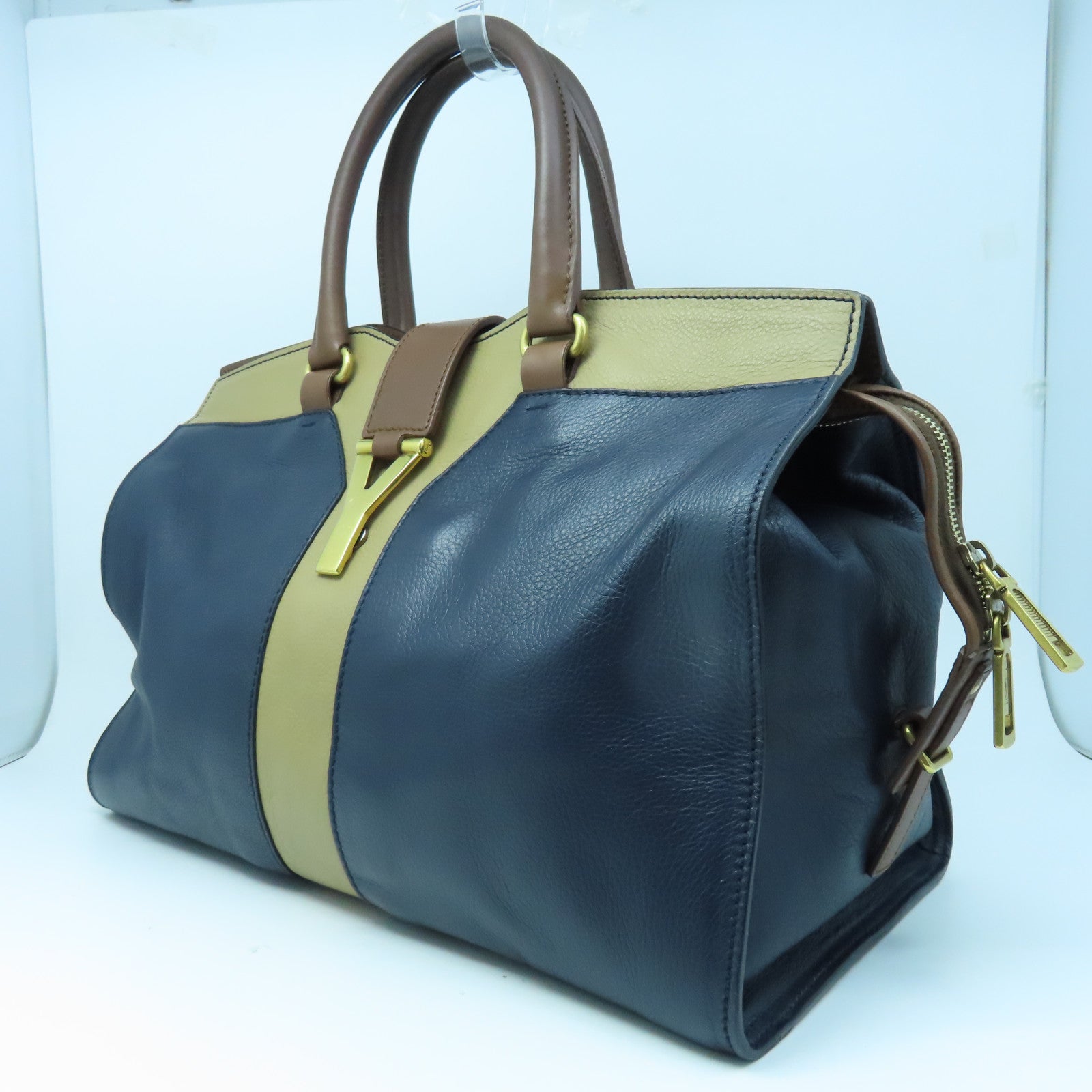 YVES SAINT LAURENT 牛皮皮革Hand Bag金扣手挽袋啡色/深蓝色