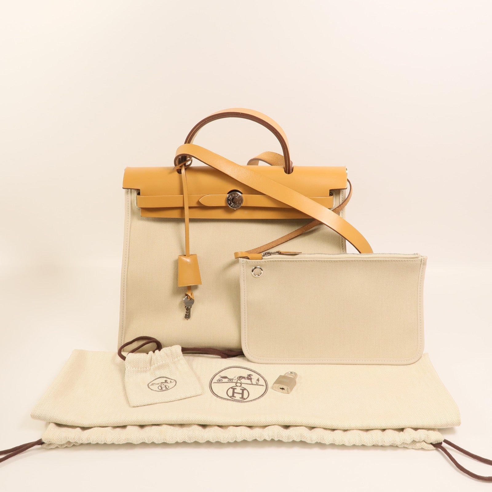 HERMES 帆布Herbag PM銀扣手挽肩背兩用袋Beton