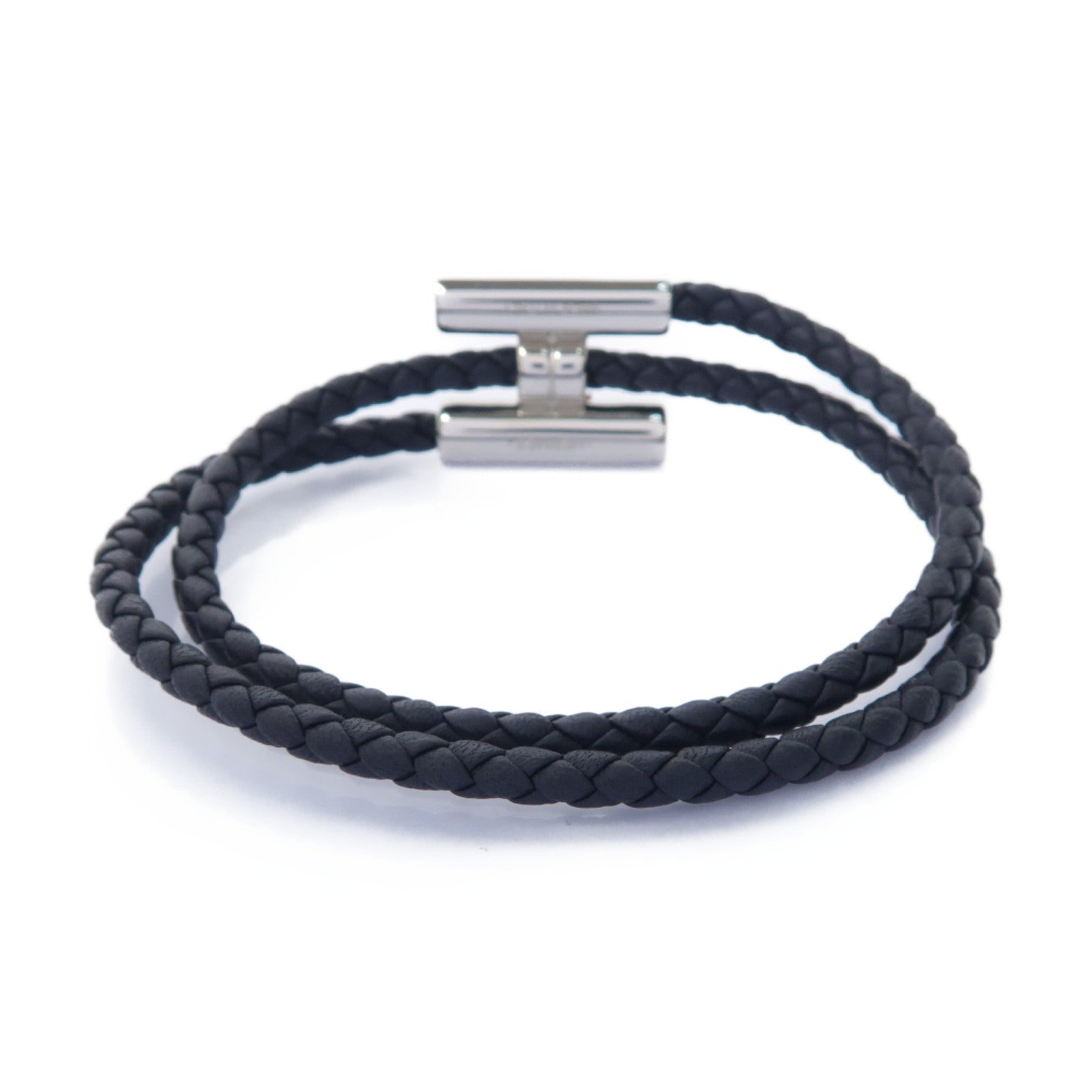 HERMES 牛皮皮革Tournis Tresse銀扣手鐲黑色