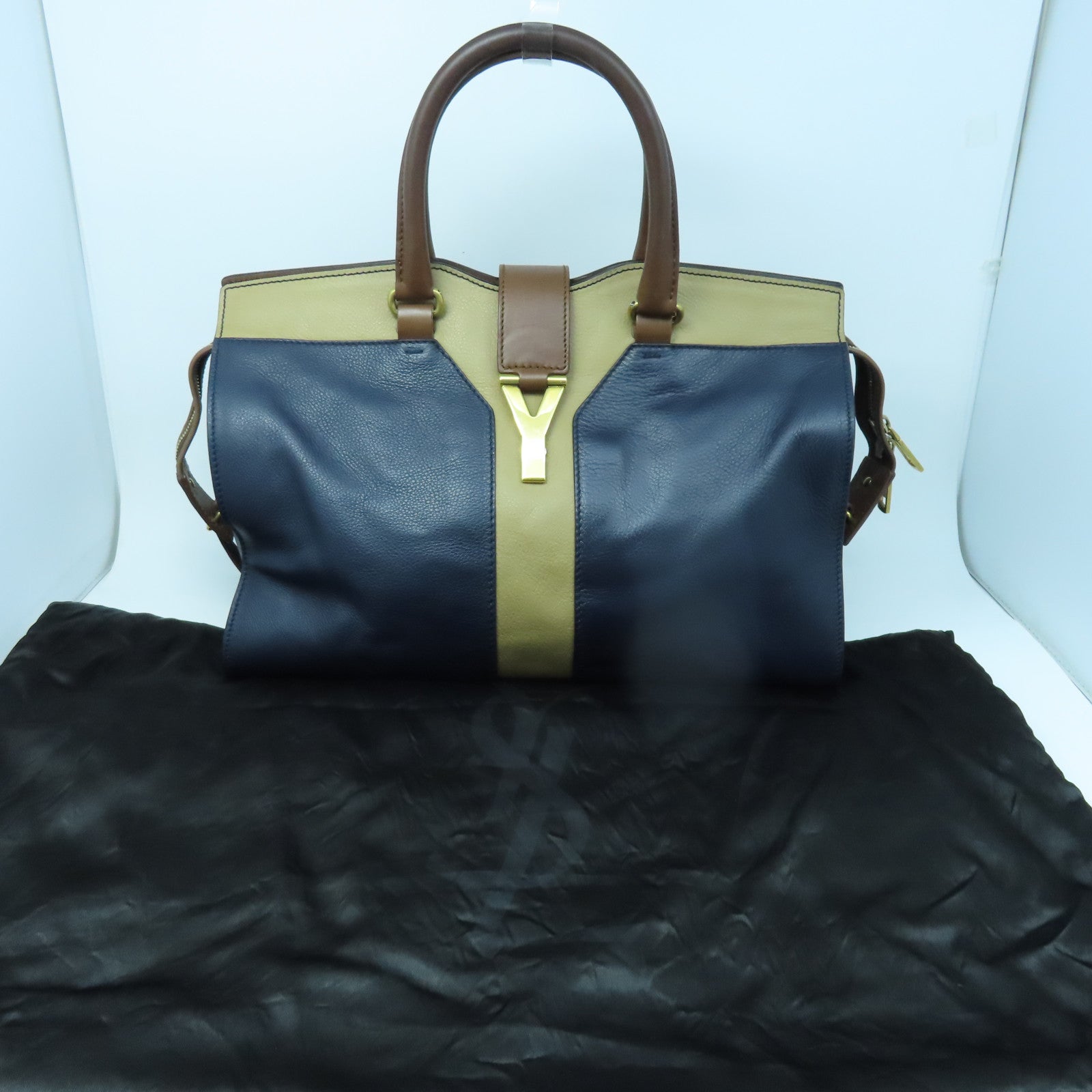 YVES SAINT LAURENT 牛皮皮革Hand Bag金扣手挽袋啡色/深蓝色