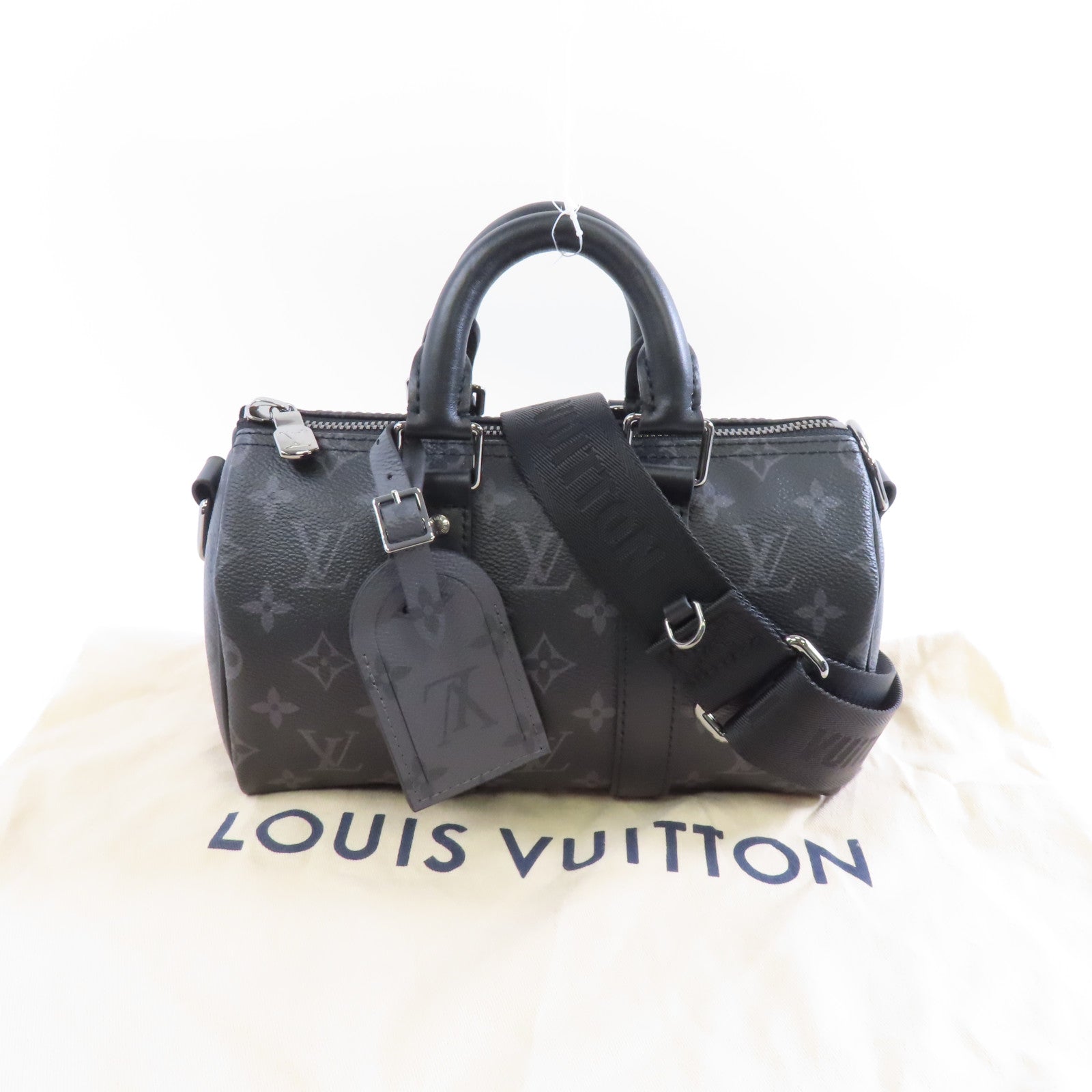 LOUIS VUITTON Monogram Eclipse Keepall 25銀扣手挽肩背兩用袋