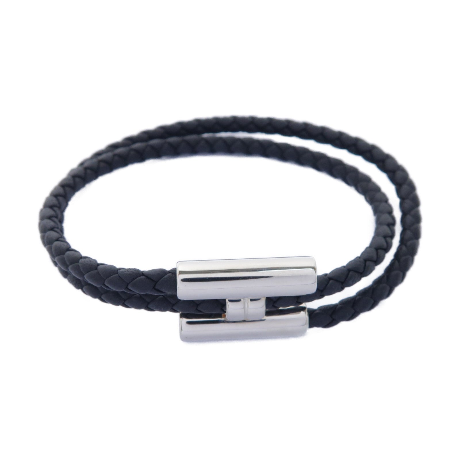 HERMES 牛皮皮革Tournis Tresse銀扣手鐲黑色