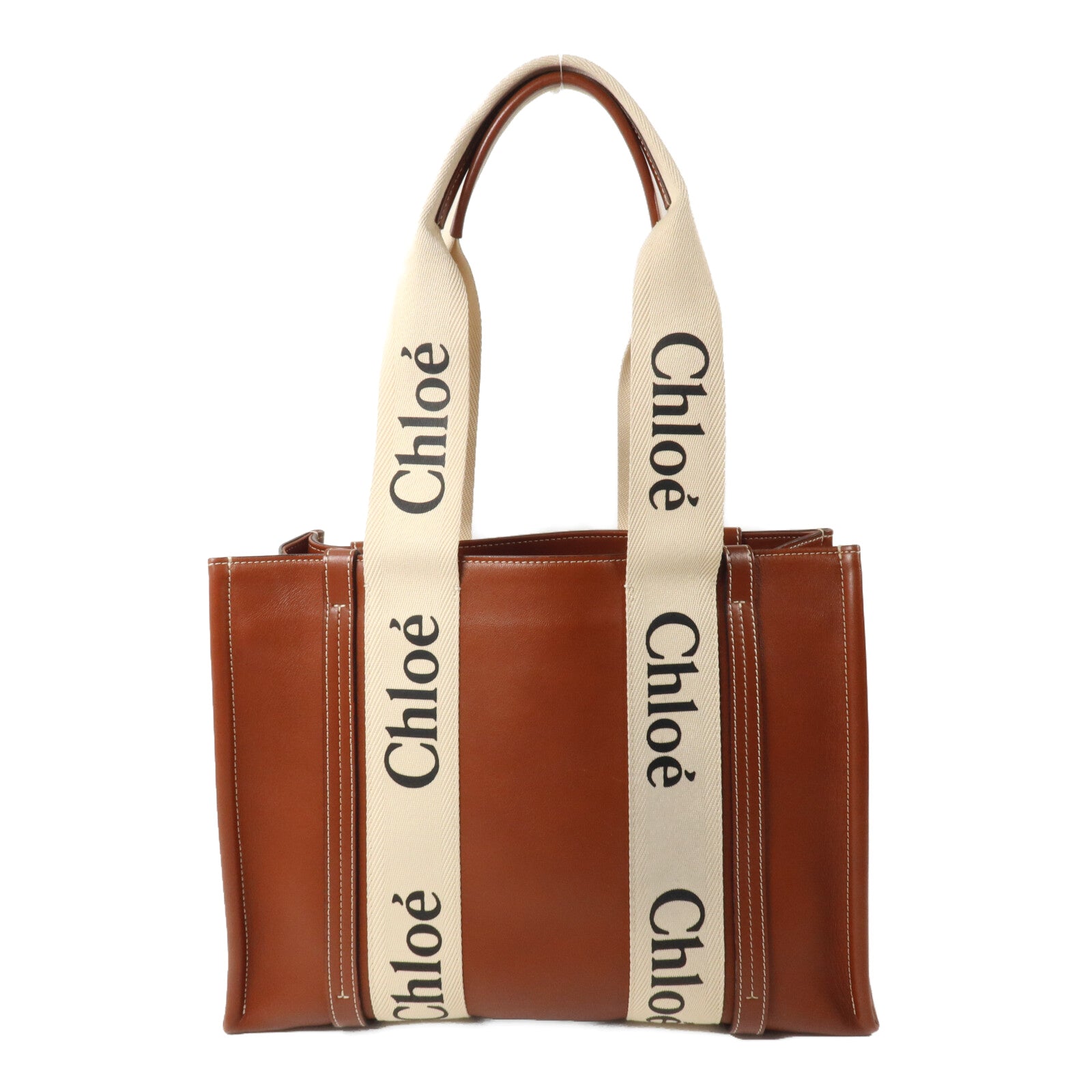 Chloe 牛皮皮革/帆布Woody Tote Medium手挽袋