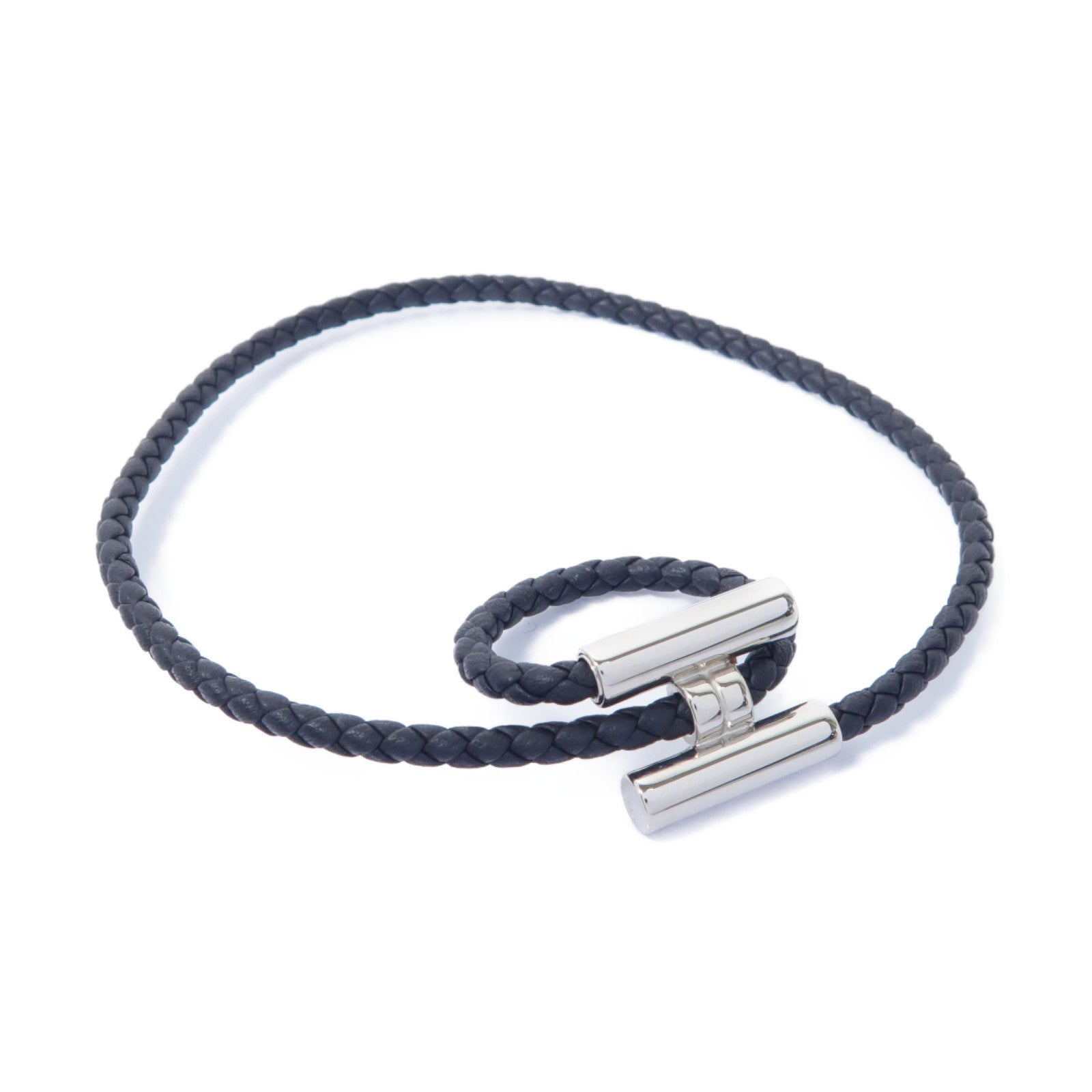 HERMES 牛皮皮革Tournis Tresse銀扣手鐲黑色