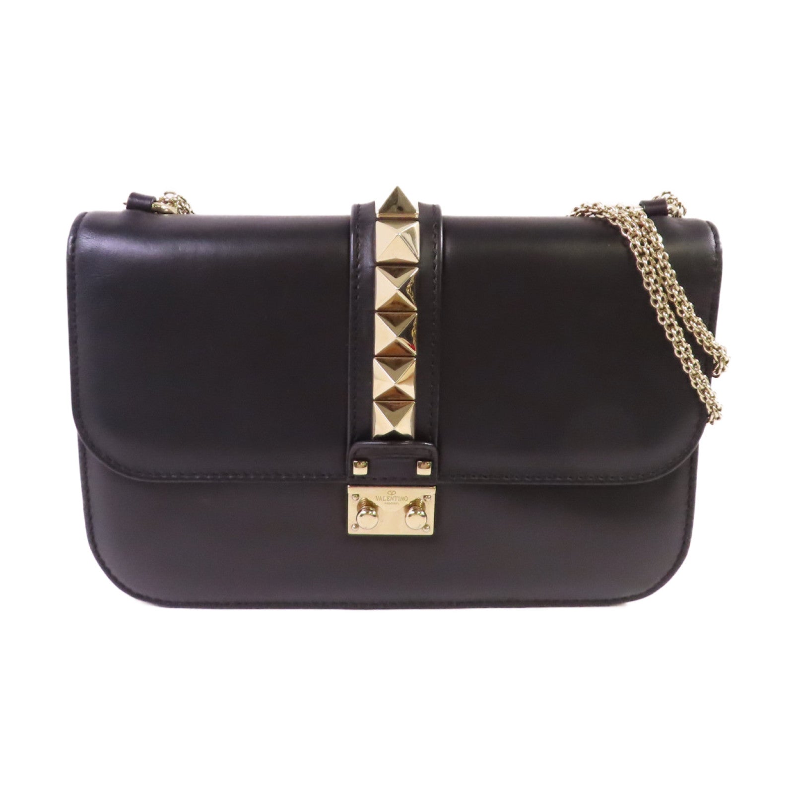 Valentino 【激減優惠】牛皮皮革Garavani Rockstud Chain Shoulder Bag金扣鏈帶肩背袋黑色