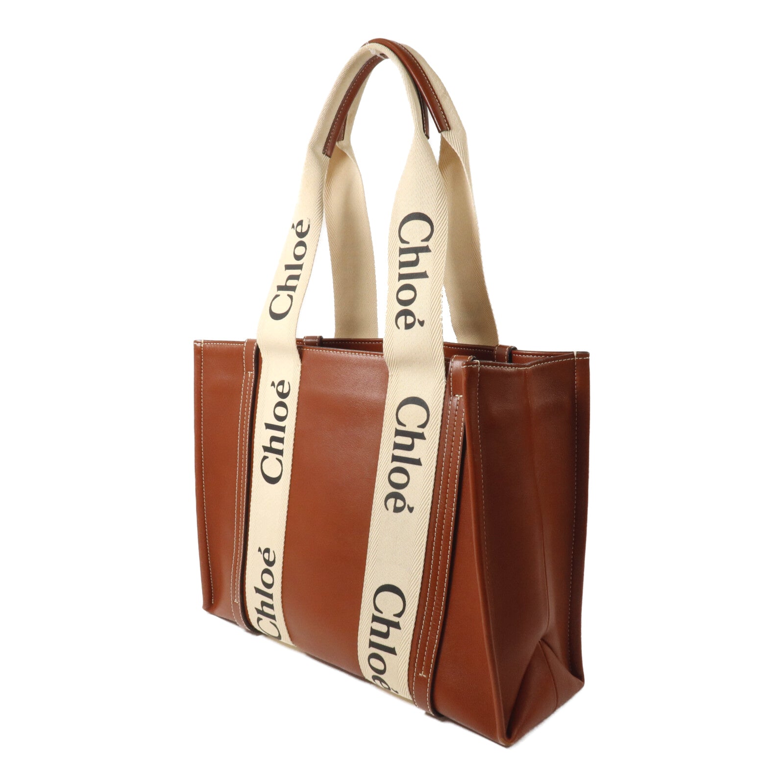 Chloe 牛皮皮革/帆布Woody Tote Medium手挽袋