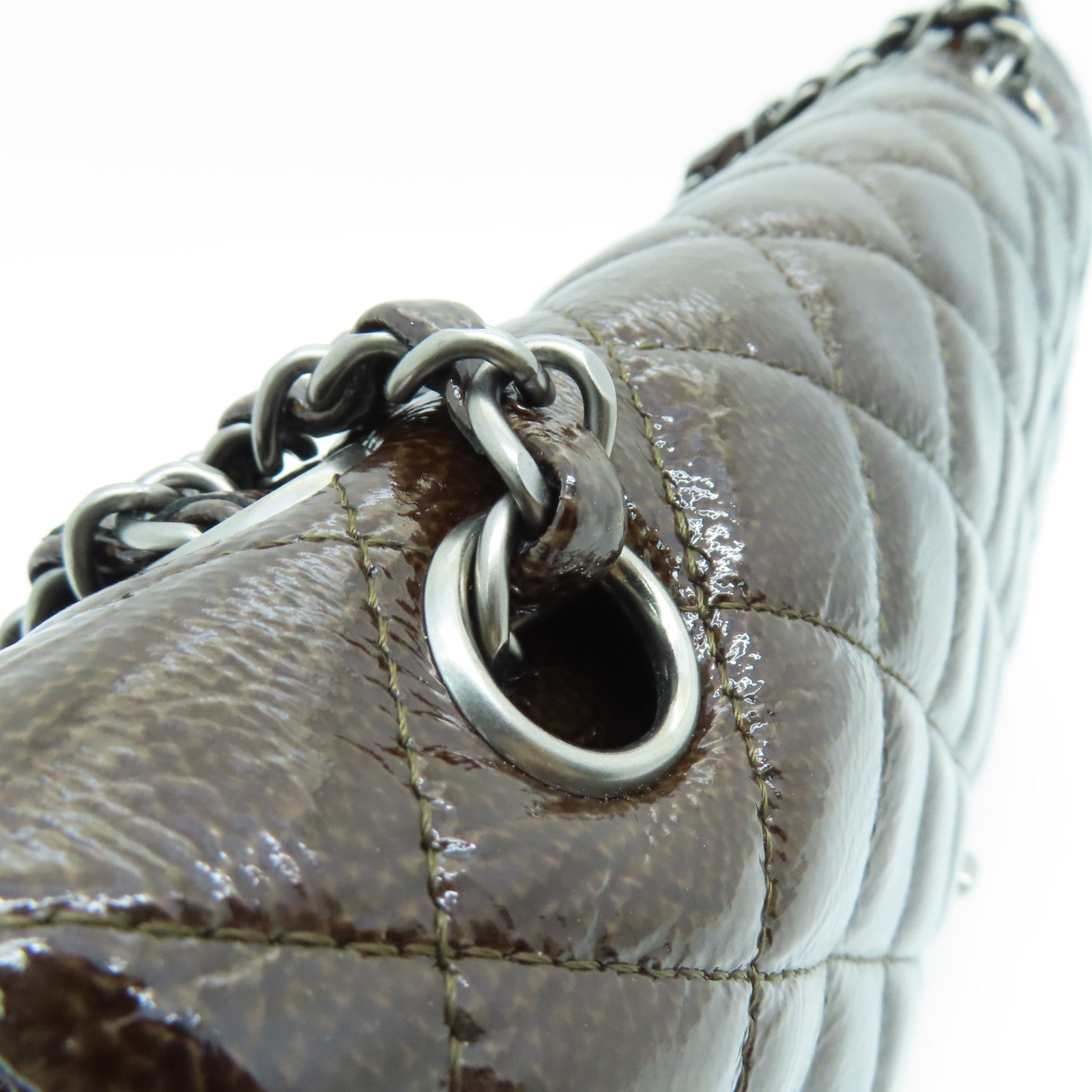 CHANEL rhombic patent leather Classic Bag silver buckle chain shoulder bag brown