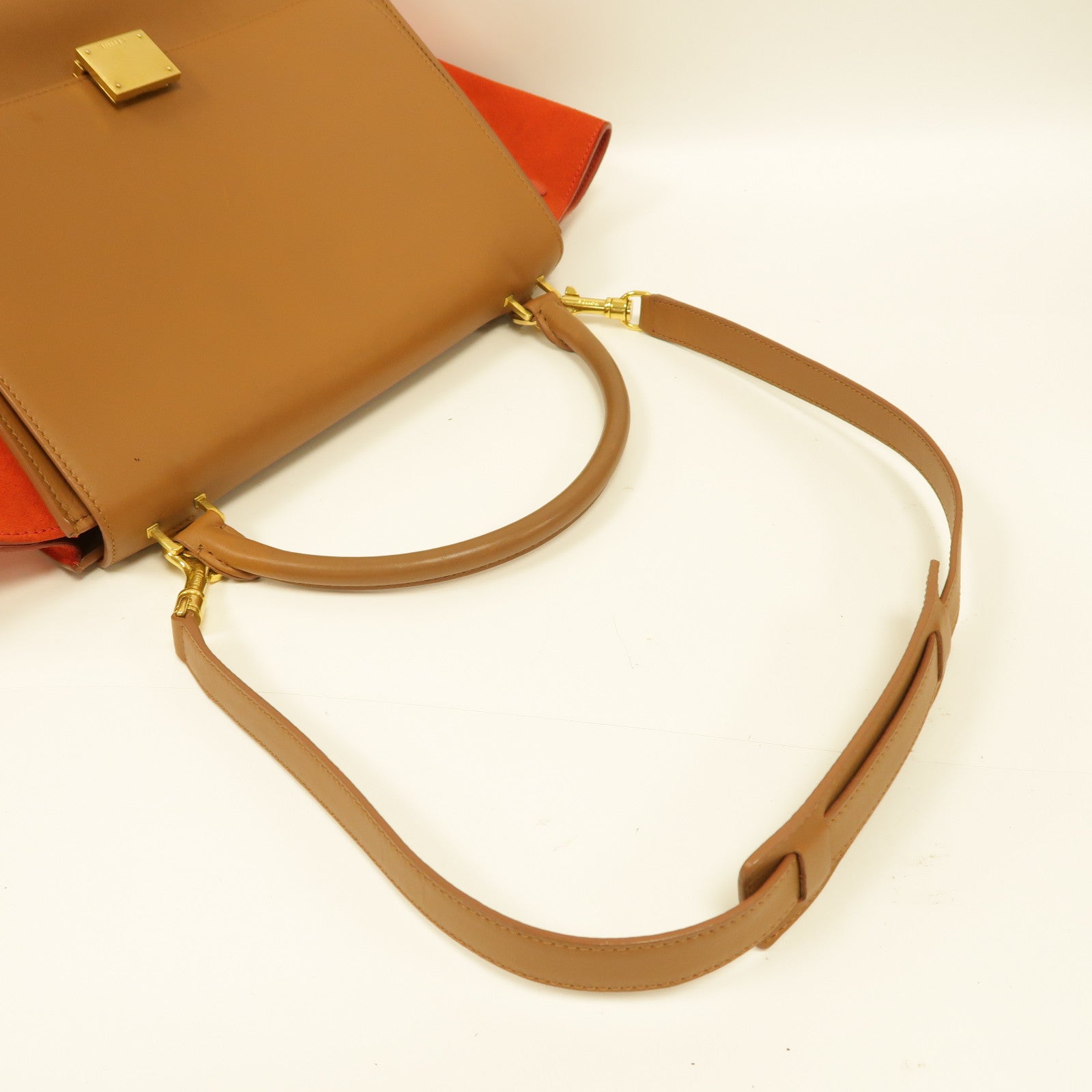 CELINE 牛皮皮革Trapeze金扣手挽肩背兩用袋啡色