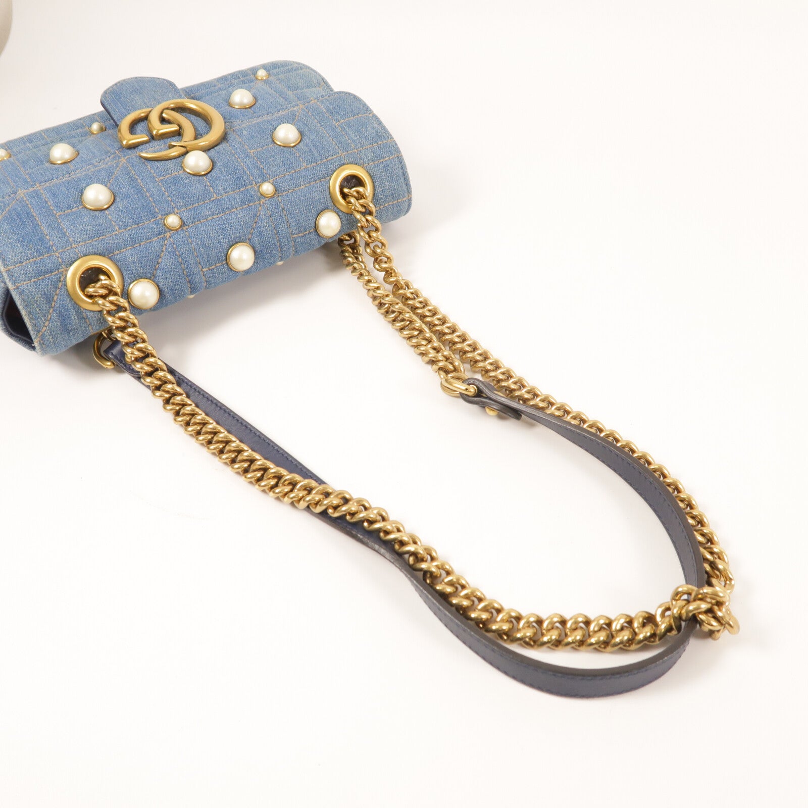 GUCCI 牛仔布GG Marmont金扣鏈帶肩背袋