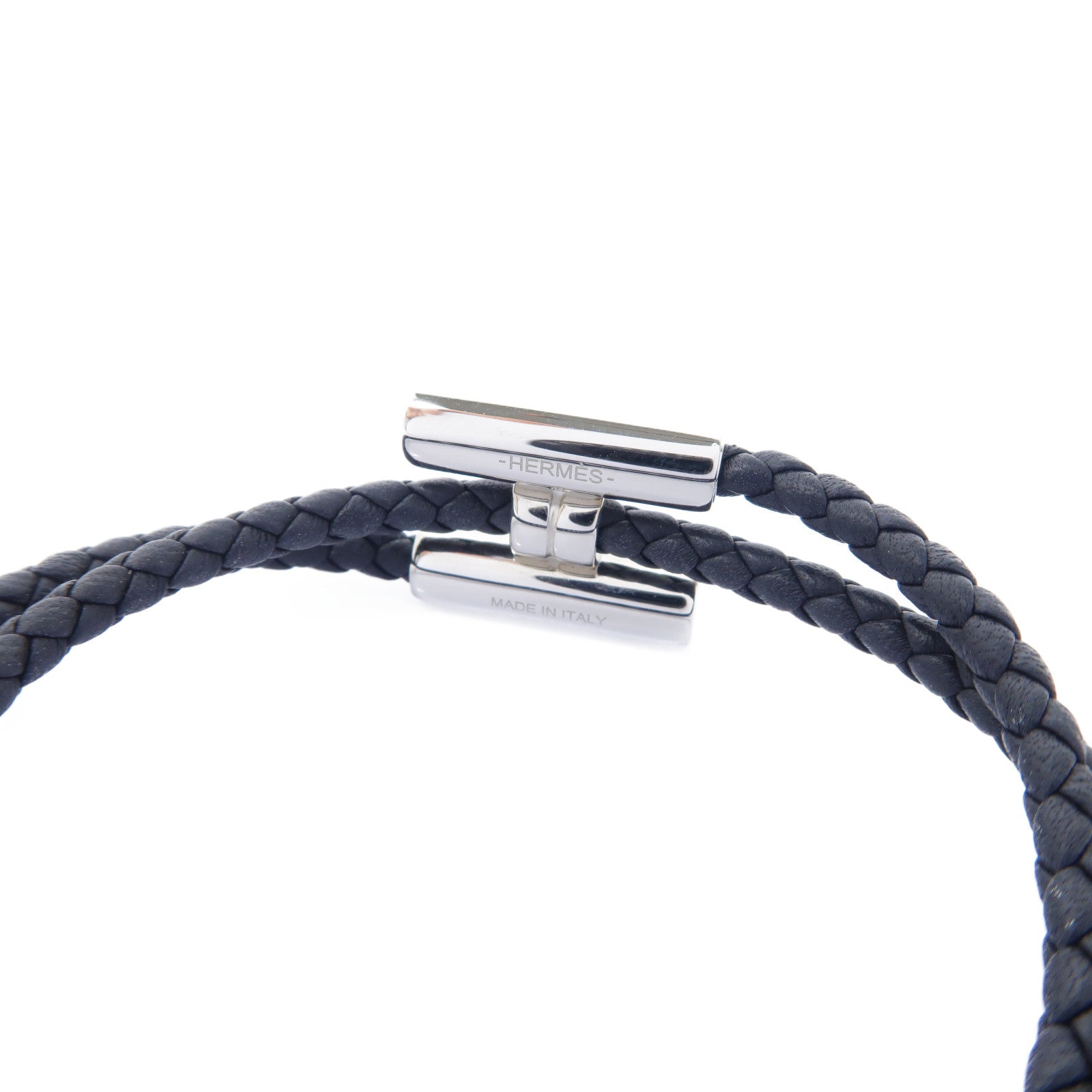 HERMES 牛皮皮革Tournis Tresse銀扣手鐲黑色