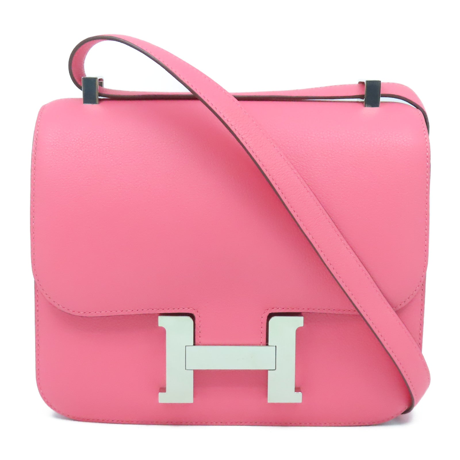 HERMES 【激減優惠精選】Evercolor皮革Constance 24銀扣肩背袋Rose Azalee粉紅色