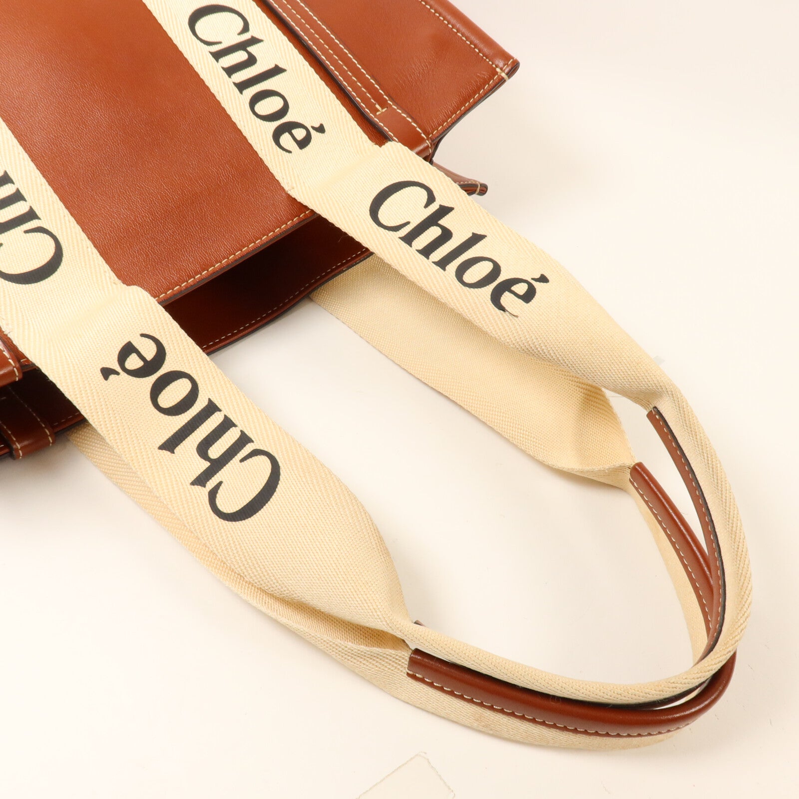 Chloe 牛皮皮革/帆布Woody Tote Medium手挽袋