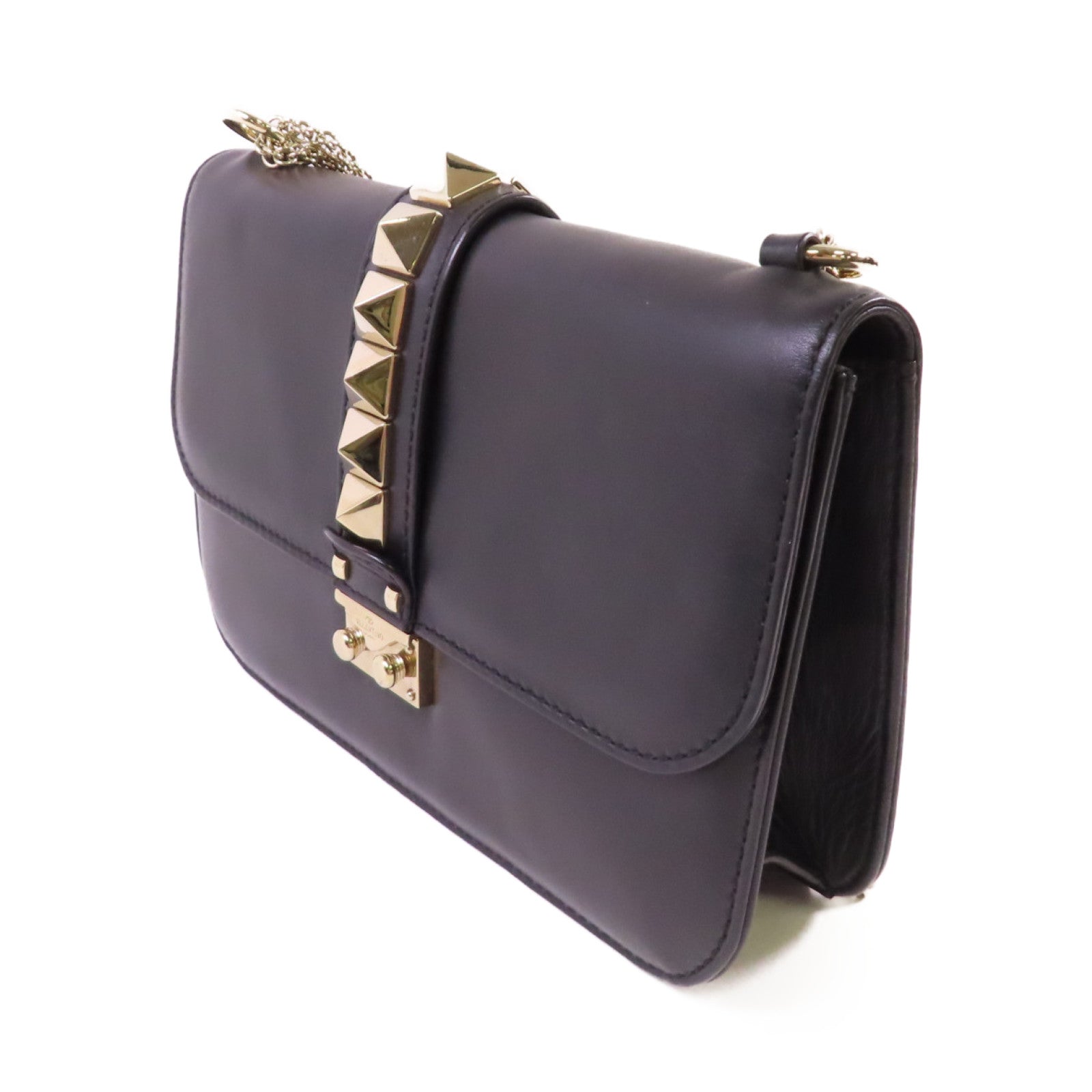 Valentino 【激減優惠】牛皮皮革Garavani Rockstud Chain Shoulder Bag金扣鏈帶肩背袋黑色