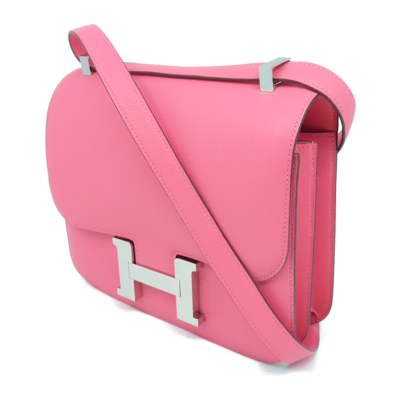 HERMES 【激減優惠精選】Evercolor皮革Constance 24銀扣肩背袋Rose Azalee粉紅色