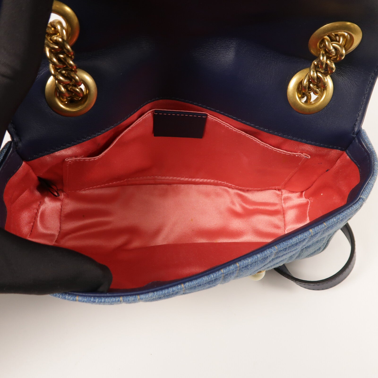 GUCCI 牛仔布GG Marmont金扣鏈帶肩背袋