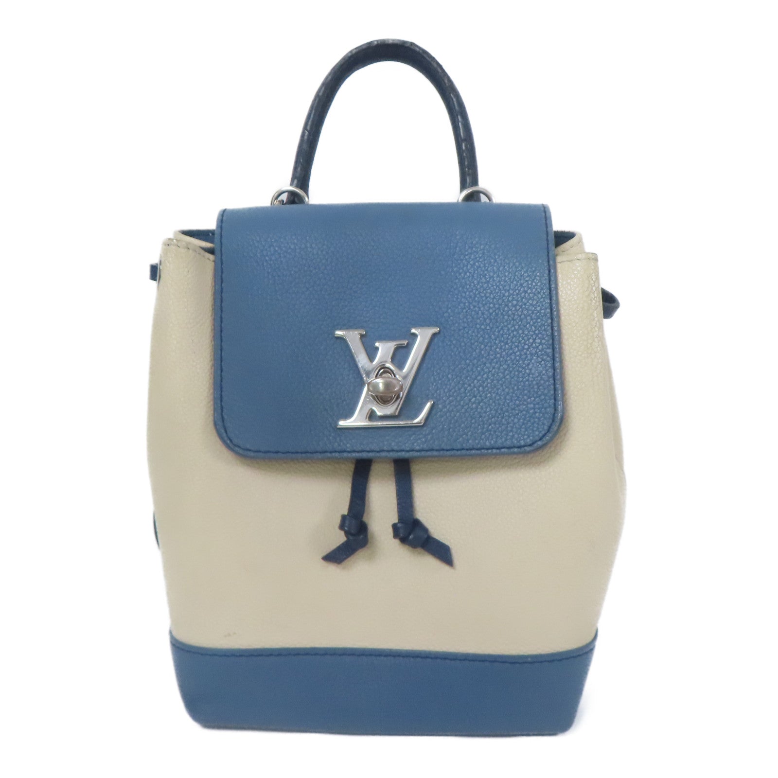 LOUIS VUITTON 牛皮皮革Lockme Backpack銀扣背包米色/藍色