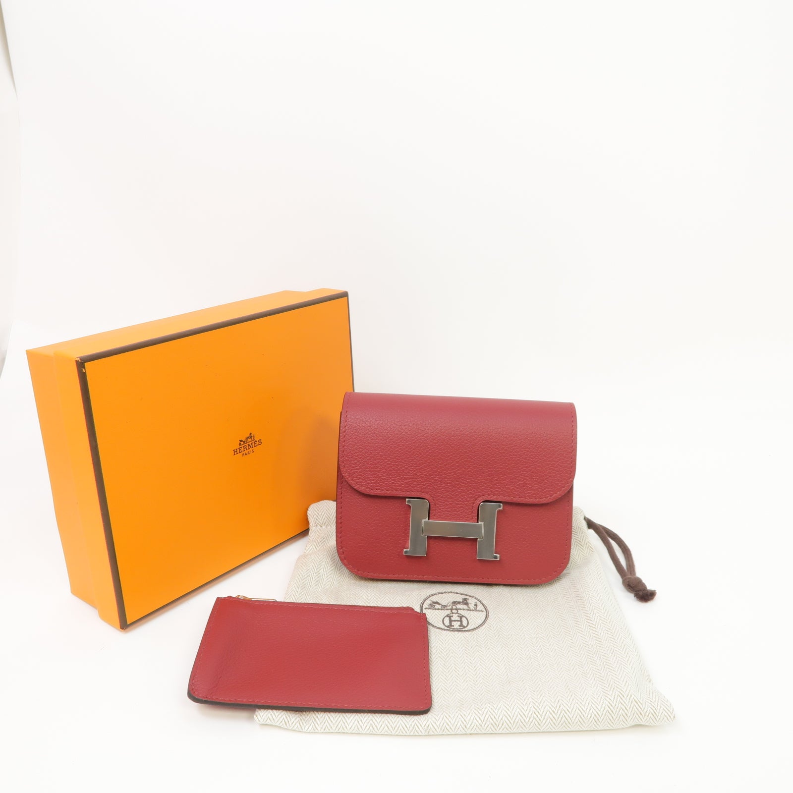 HERMES 【激減優惠】Evercolor皮革Constance Slim銀扣錢包Rouge Grenat/紅色
