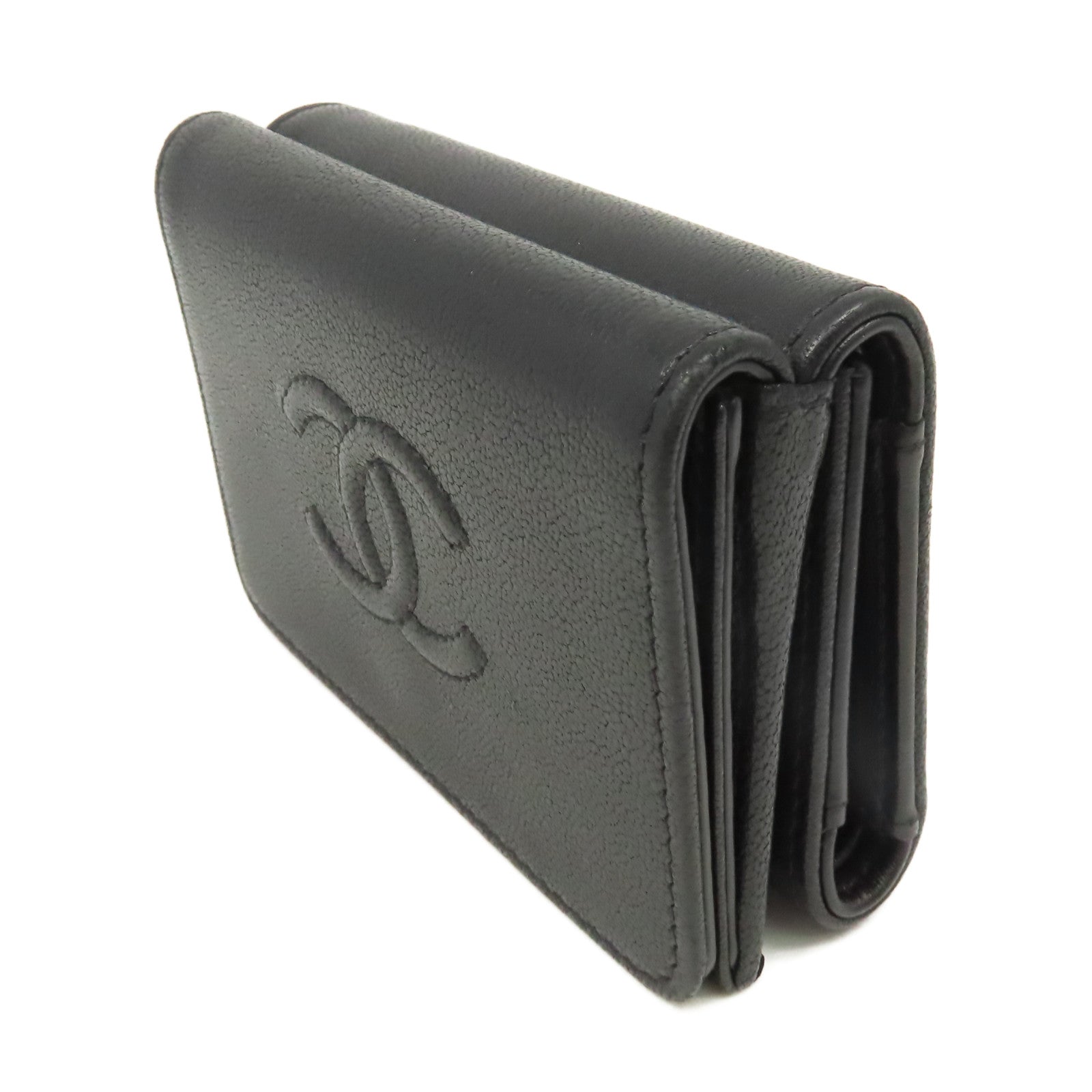 CHANEL 牛皮皮革Mini Wallet銀扣迷你錢包黑色