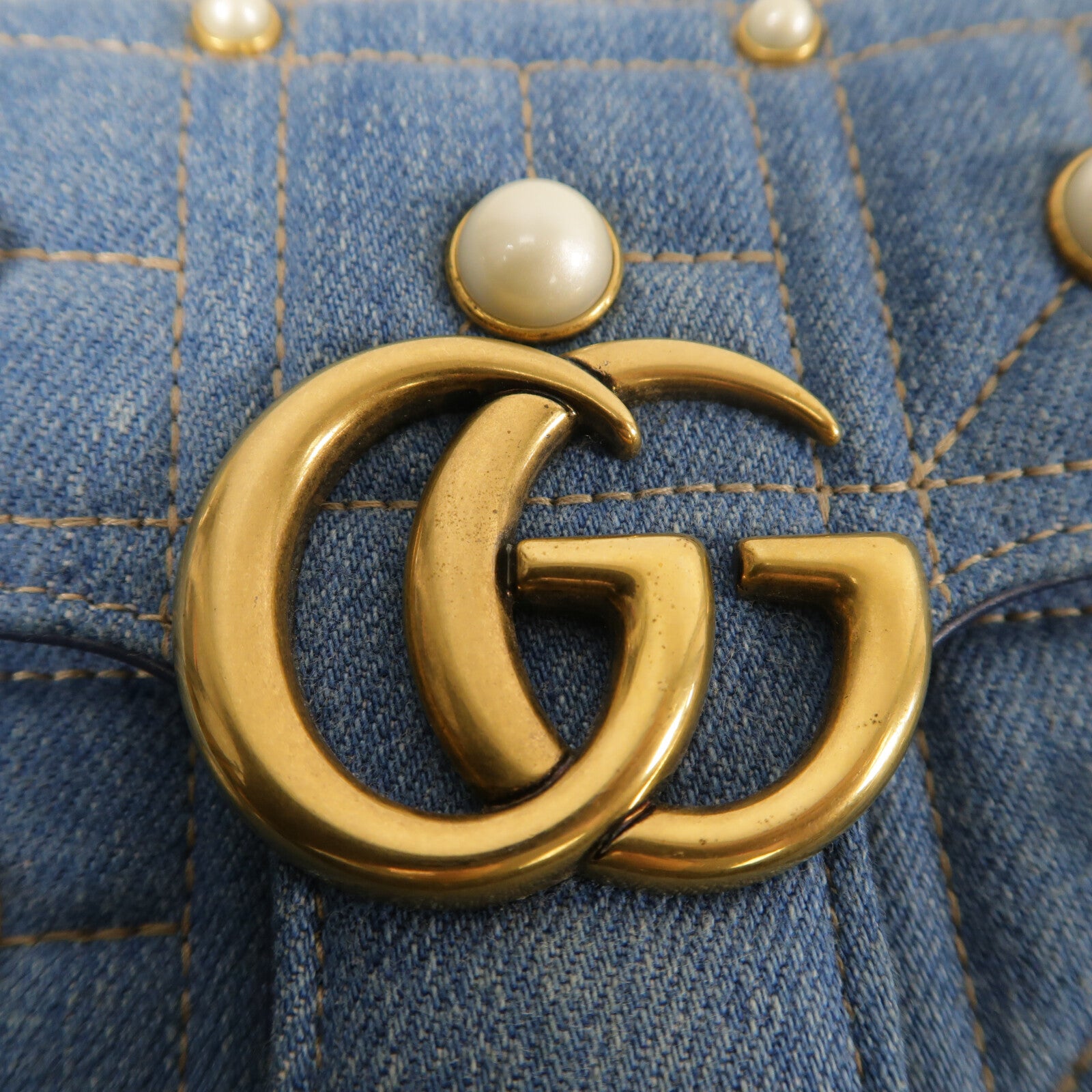 GUCCI 牛仔布GG Marmont金扣鏈帶肩背袋