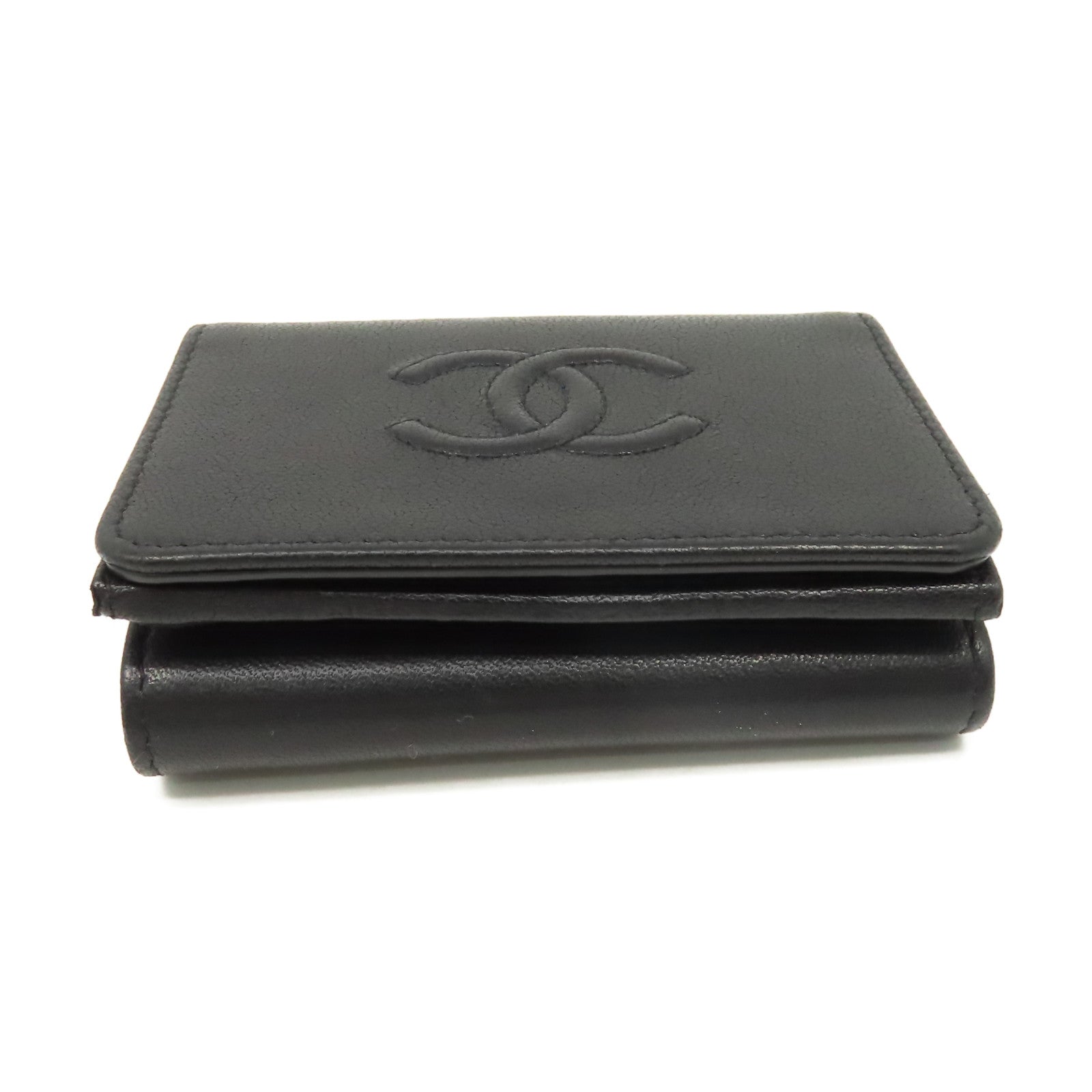 CHANEL 牛皮皮革Mini Wallet銀扣迷你錢包黑色