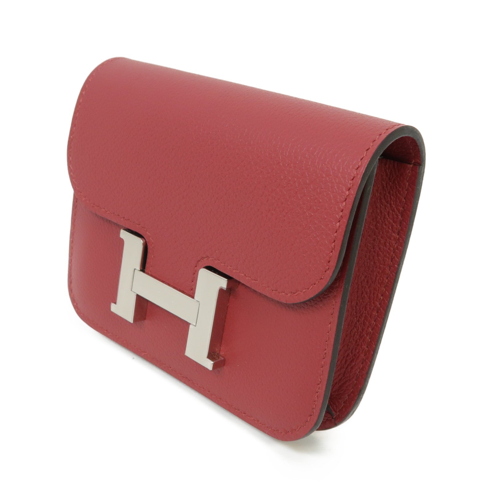 HERMES 【激減優惠】Evercolor皮革Constance Slim銀扣錢包Rouge Grenat/紅色