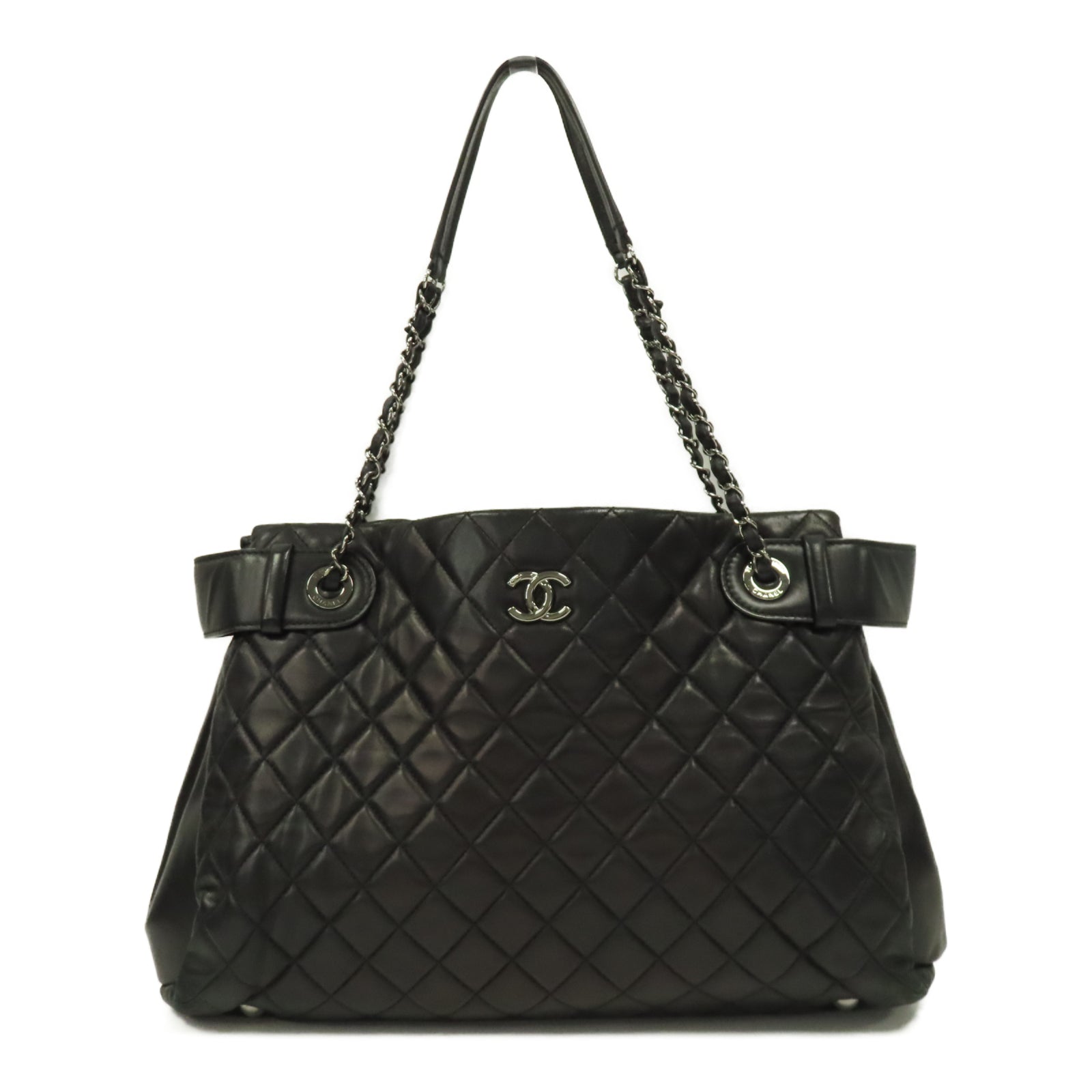 CHANEL 【激減優惠】菱格皮革Shoulder Tote銀扣肩背袋黑色
