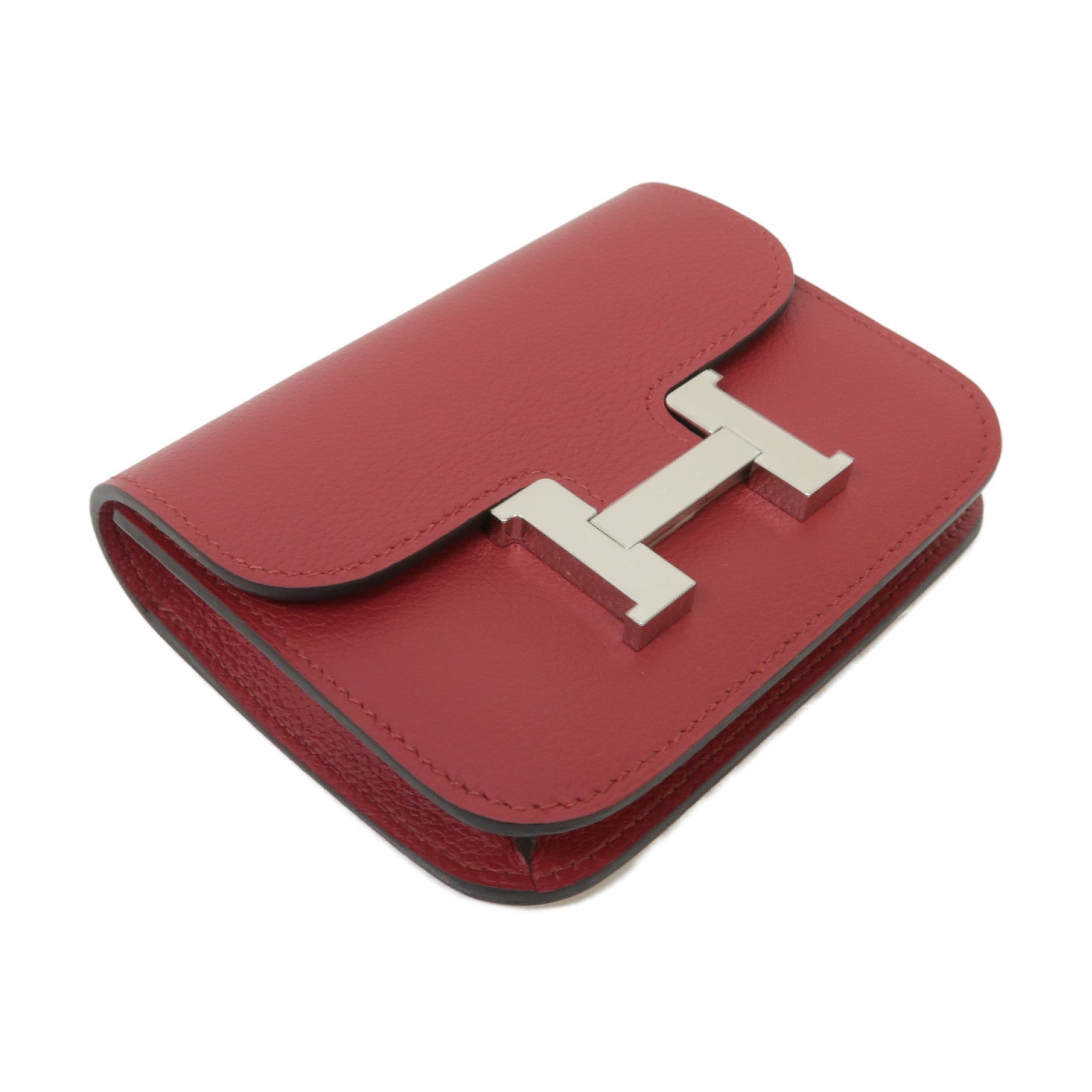 HERMES 【激減優惠】Evercolor皮革Constance Slim銀扣錢包Rouge Grenat/紅色