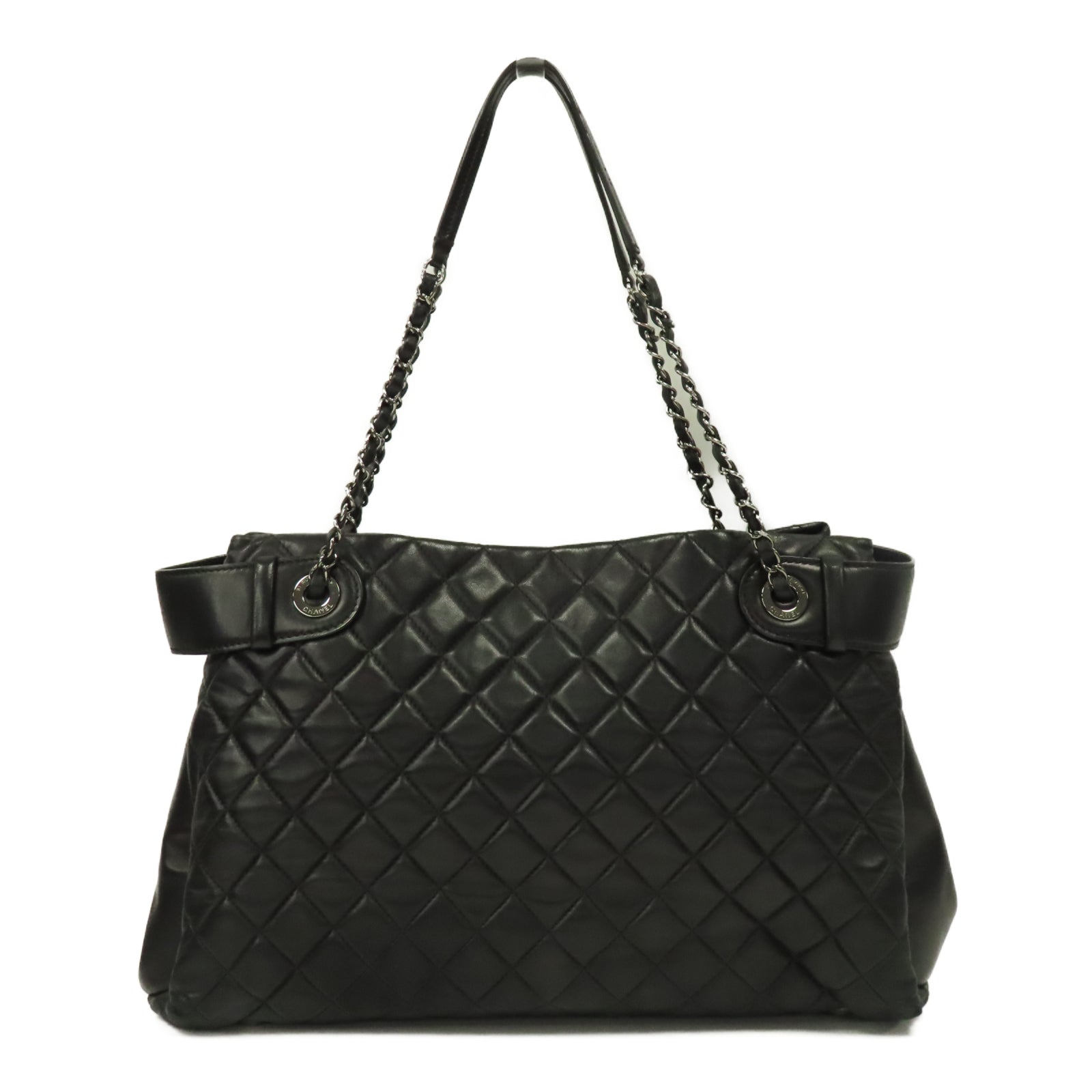 CHANEL 【激減優惠】菱格皮革Shoulder Tote銀扣肩背袋黑色