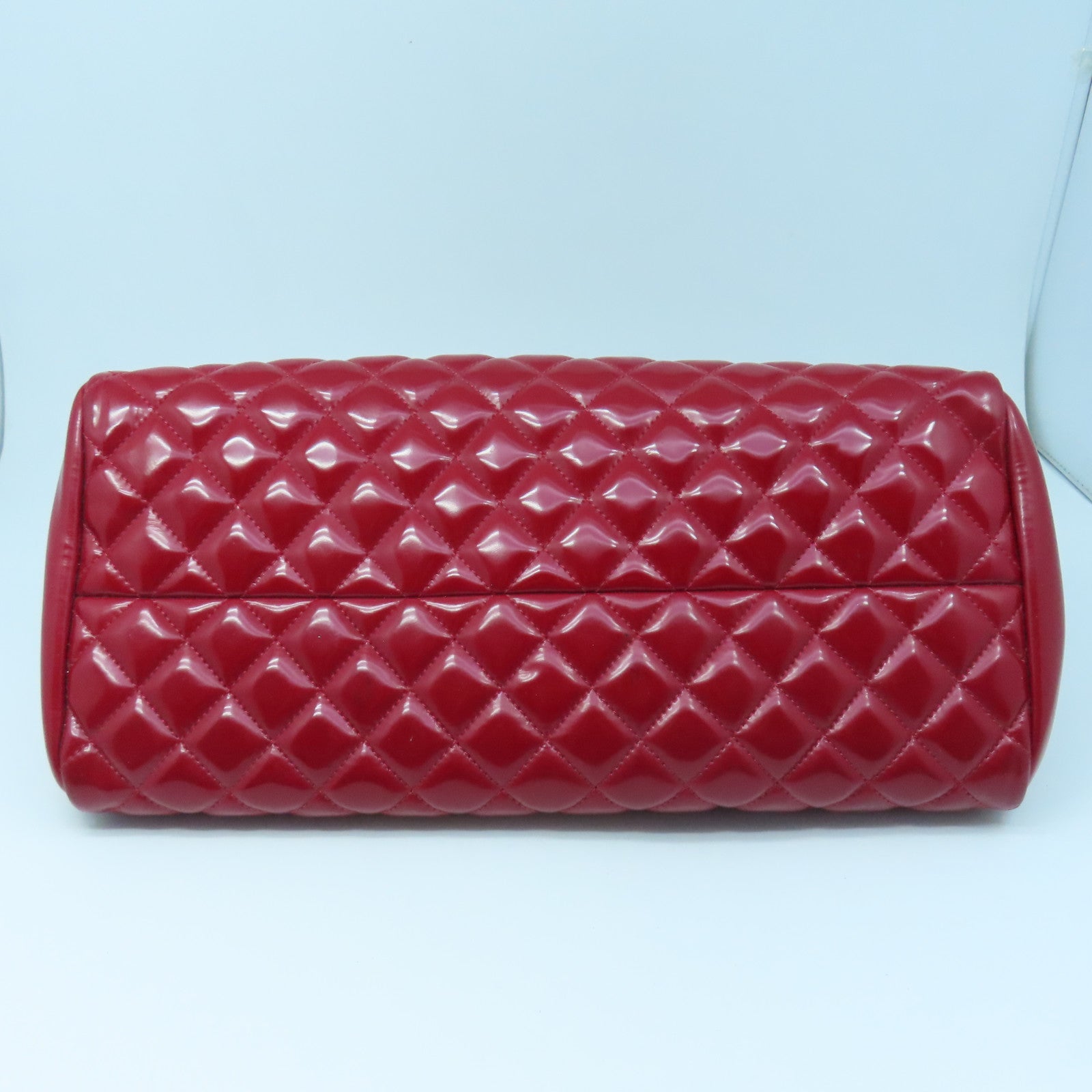 CHANEL rhombic patent leather Mademoiselle Bowling Bag silver buckle chain shoulder bag red