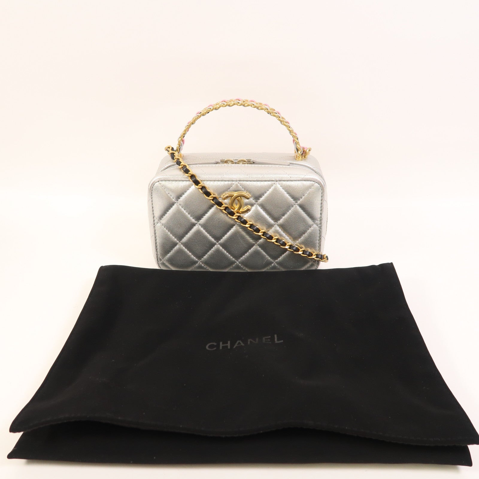 CHANEL 【激減優惠】牛皮皮革Vanity Case金扣鏈帶手挽肩背兩用袋