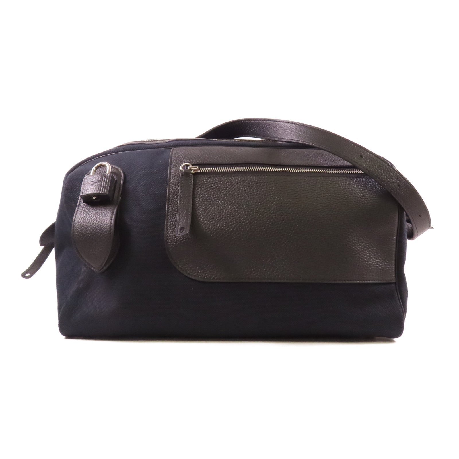 HERMES 帆布/Togo皮革Long Courrier Bag銀扣肩背袋Noir