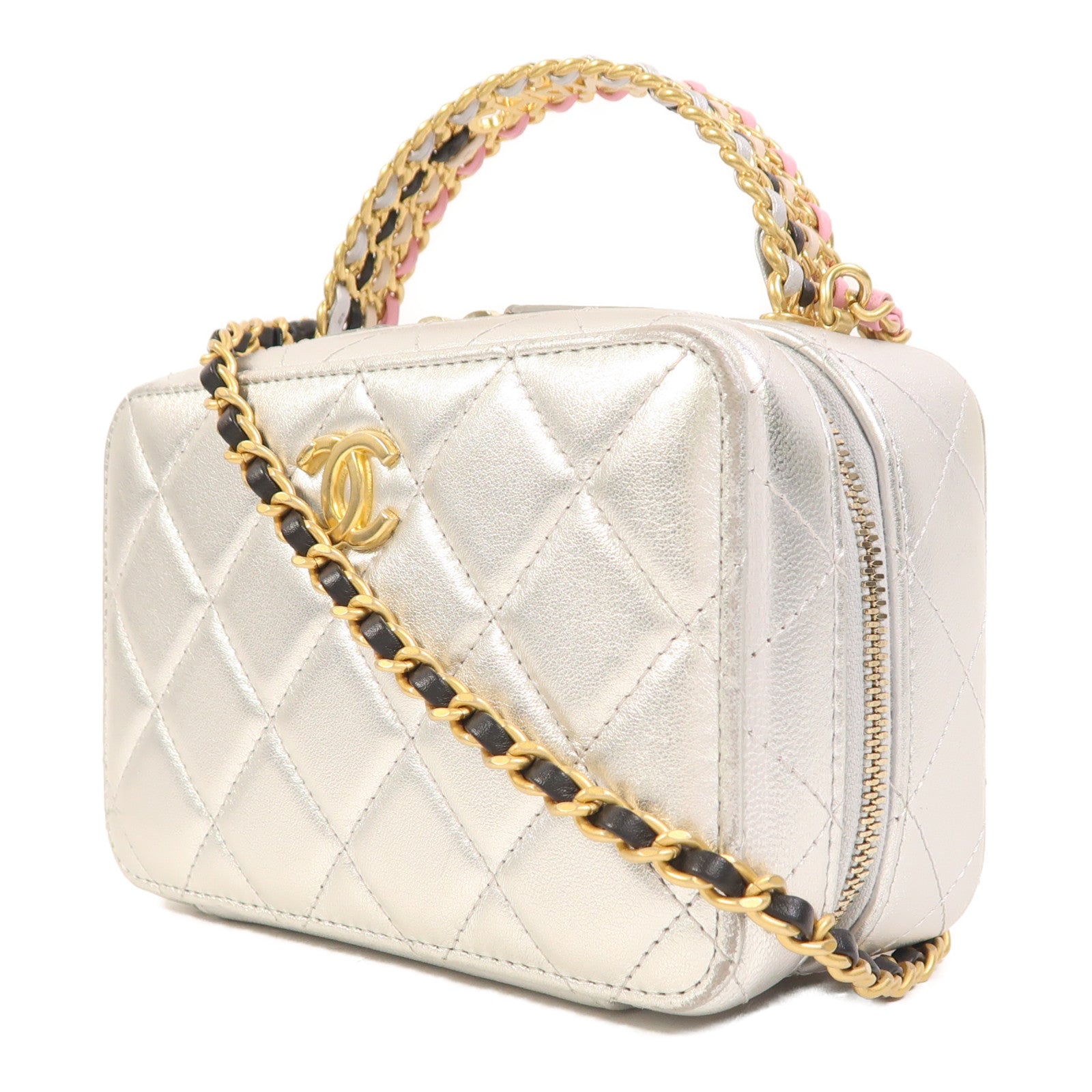 CHANEL 【激減優惠】牛皮皮革Vanity Case金扣鏈帶手挽肩背兩用袋
