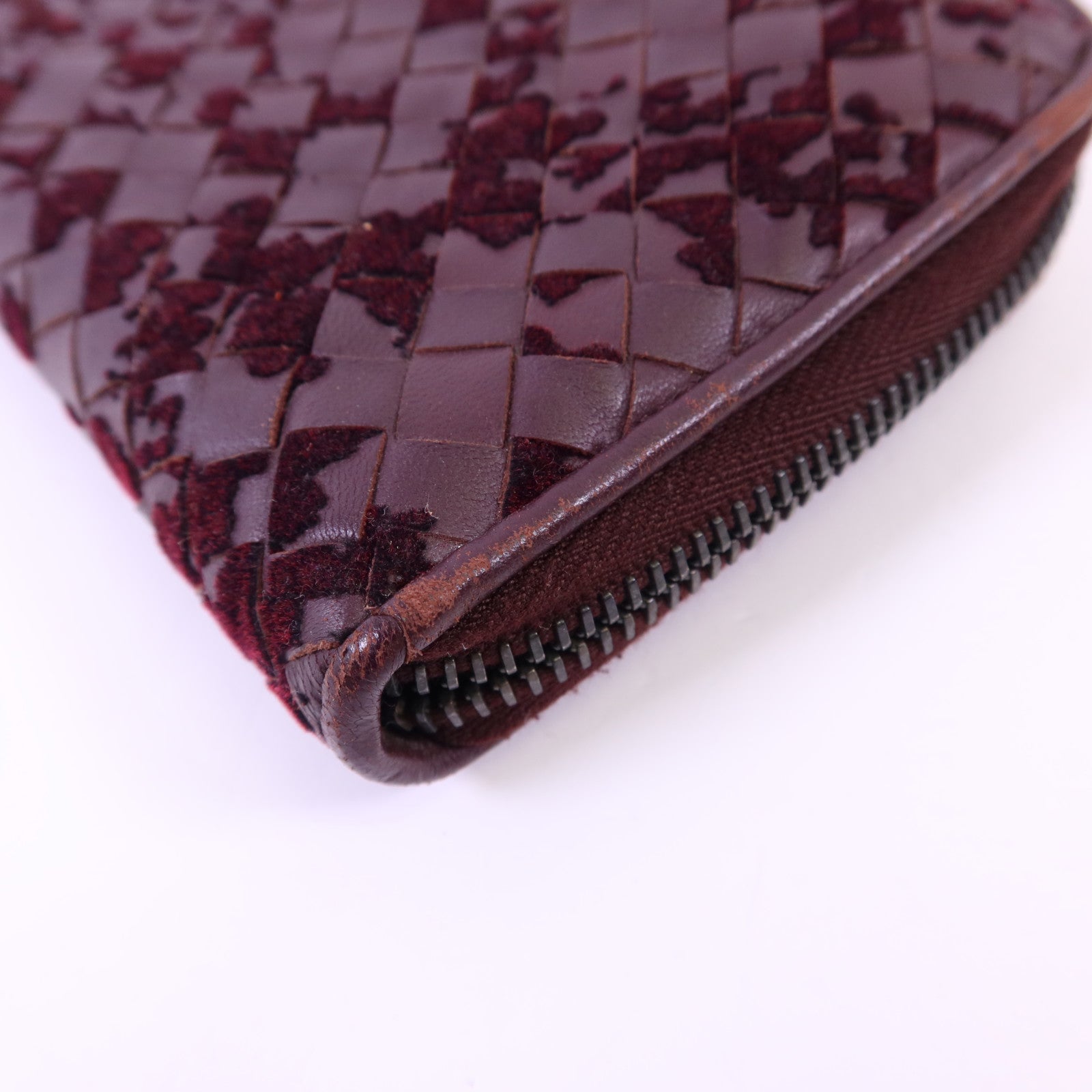 BOTTEGA VENETA 織紋皮革/天鵝絨Zip Around Wallet長錢包