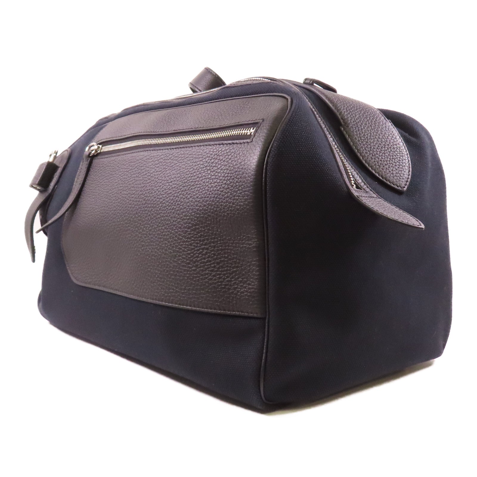 HERMES 帆布/Togo皮革Long Courrier Bag銀扣肩背袋Noir