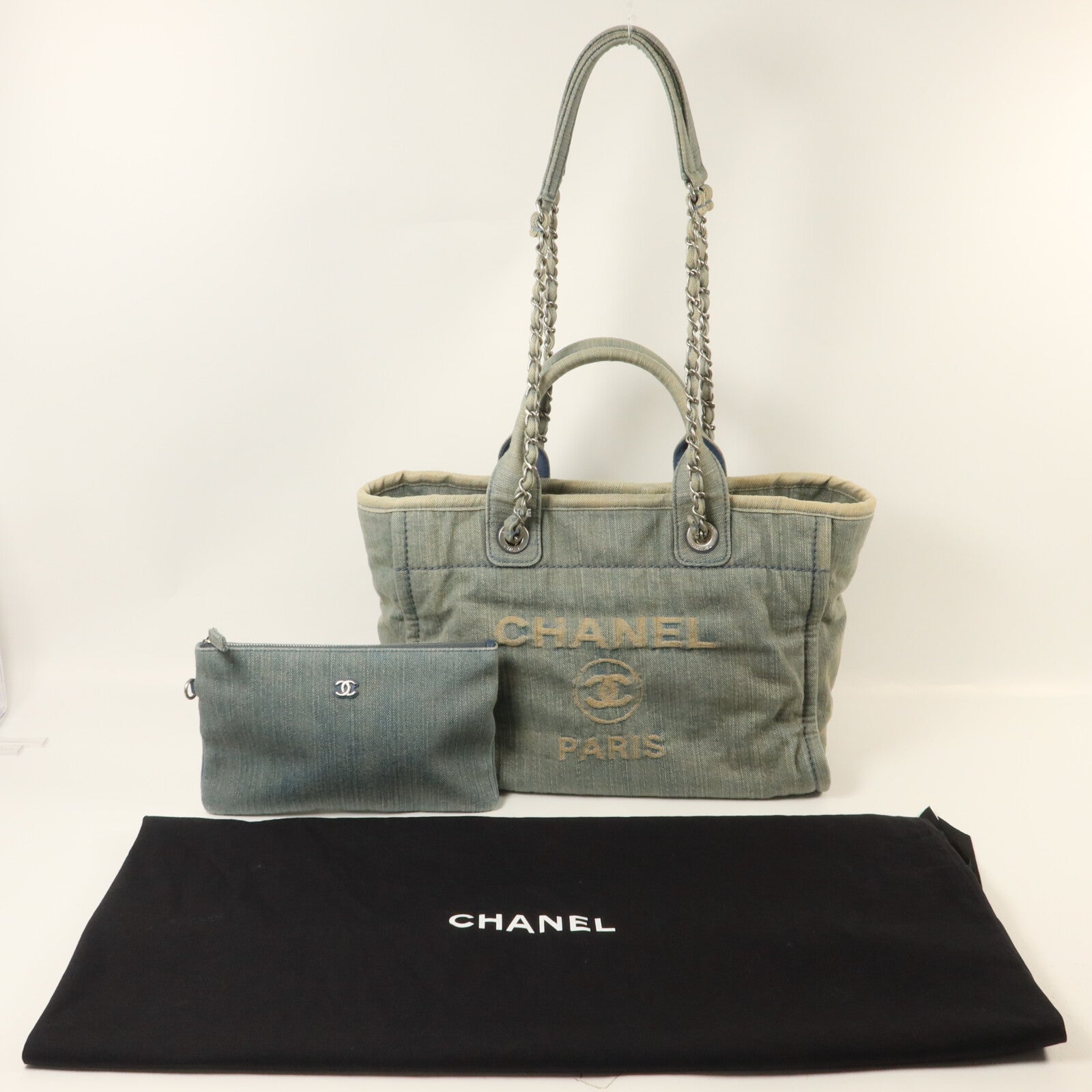 CHANEL 牛仔布Deauville Tote鏈帶手挽肩背兩用袋