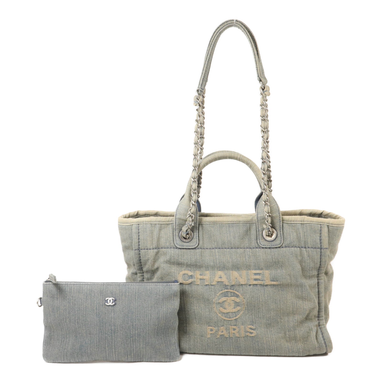 CHANEL 牛仔布Deauville Tote鏈帶手挽肩背兩用袋