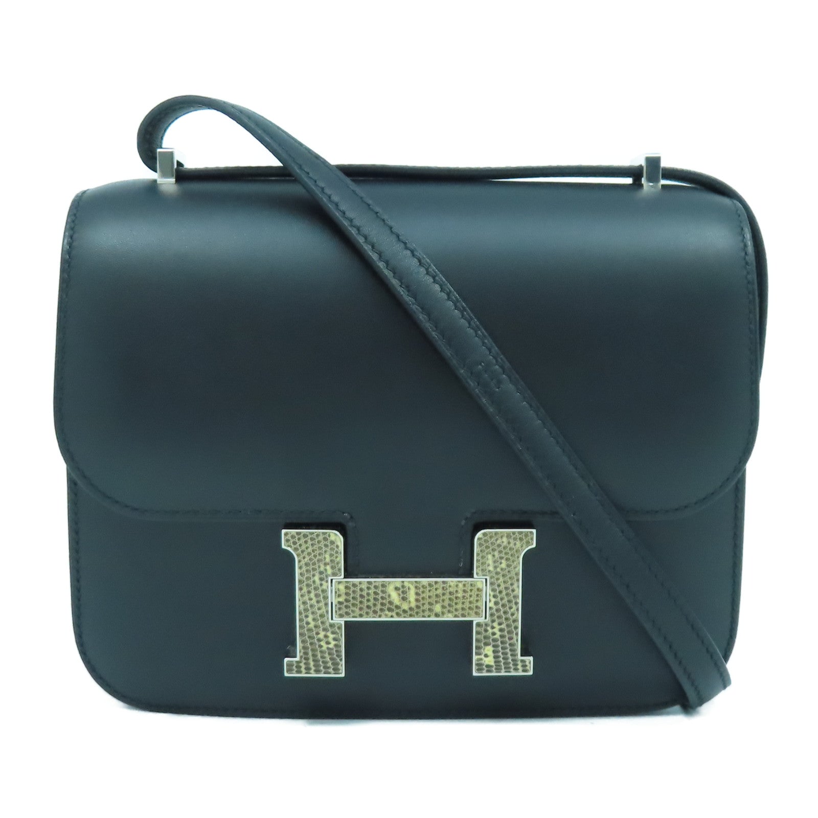 HERMES 【激減優惠】Swift/Lizard皮革Constance Mini銀扣肩背袋黑色