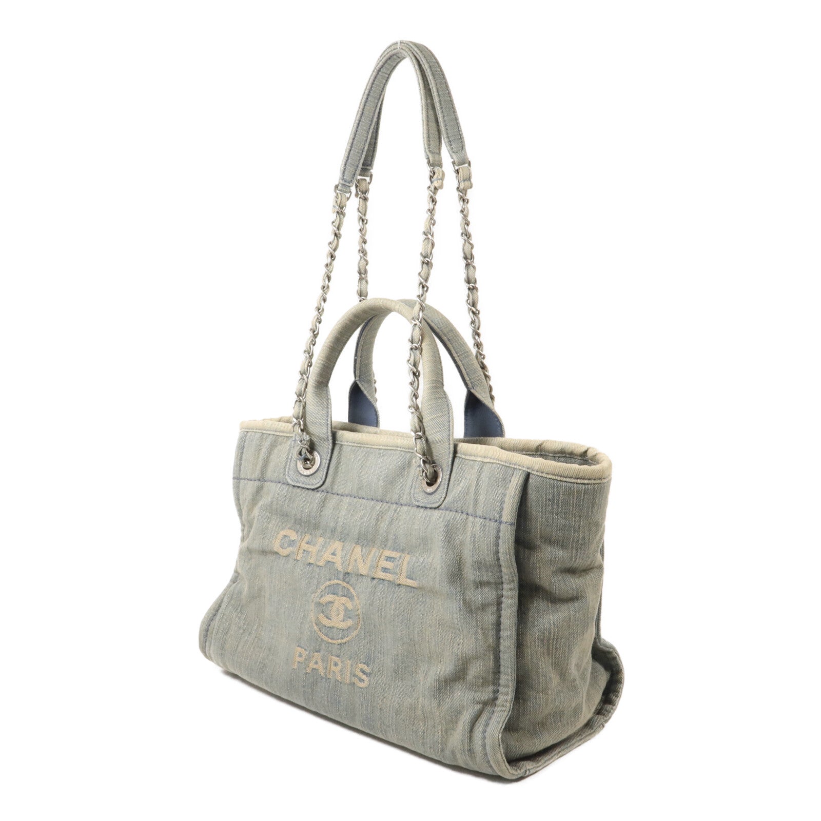 CHANEL 牛仔布Deauville Tote鏈帶手挽肩背兩用袋