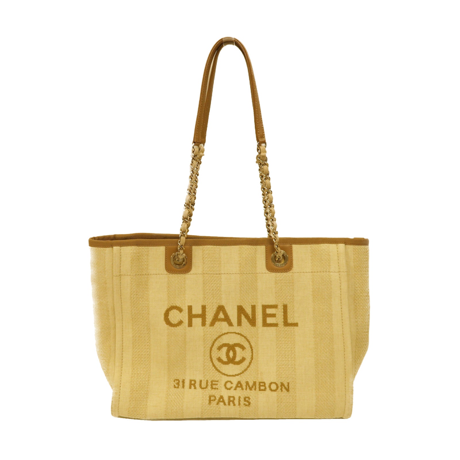 CHANEL 酒椰/帆布Deauville Tote Bag金扣肩背袋米色