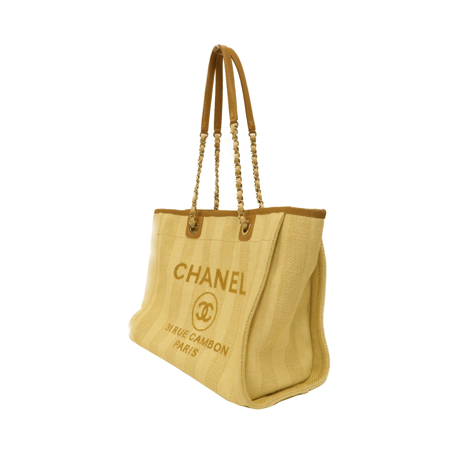 CHANEL 酒椰/帆布Deauville Tote Bag金扣肩背袋米色