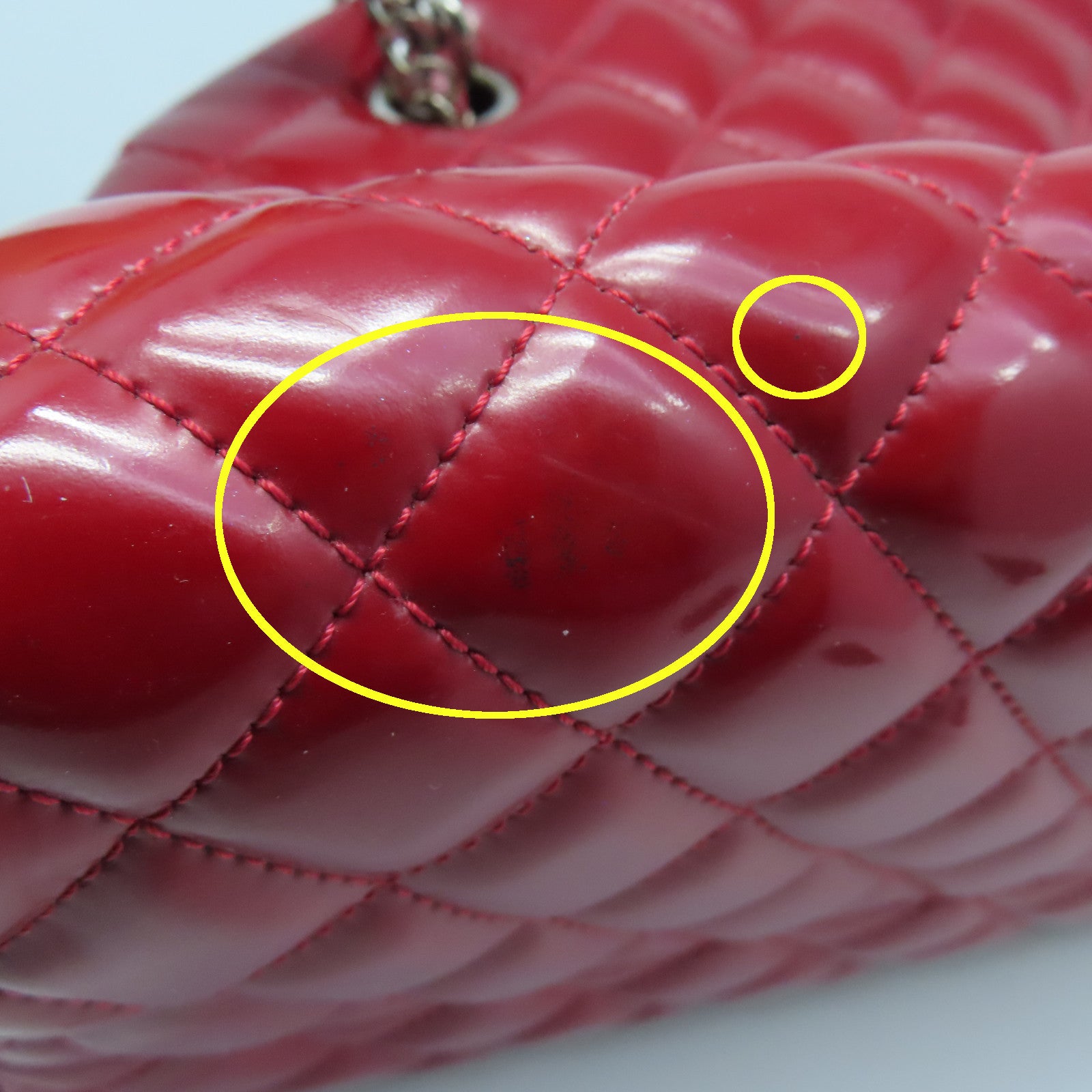 CHANEL rhombic patent leather Mademoiselle Bowling Bag silver buckle chain shoulder bag red