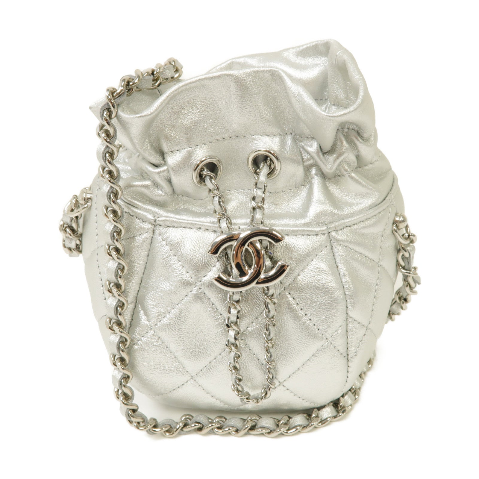 CHANEL 菱格牛皮皮革Chain Shoulder Bag銀扣鏈帶肩背袋銀色