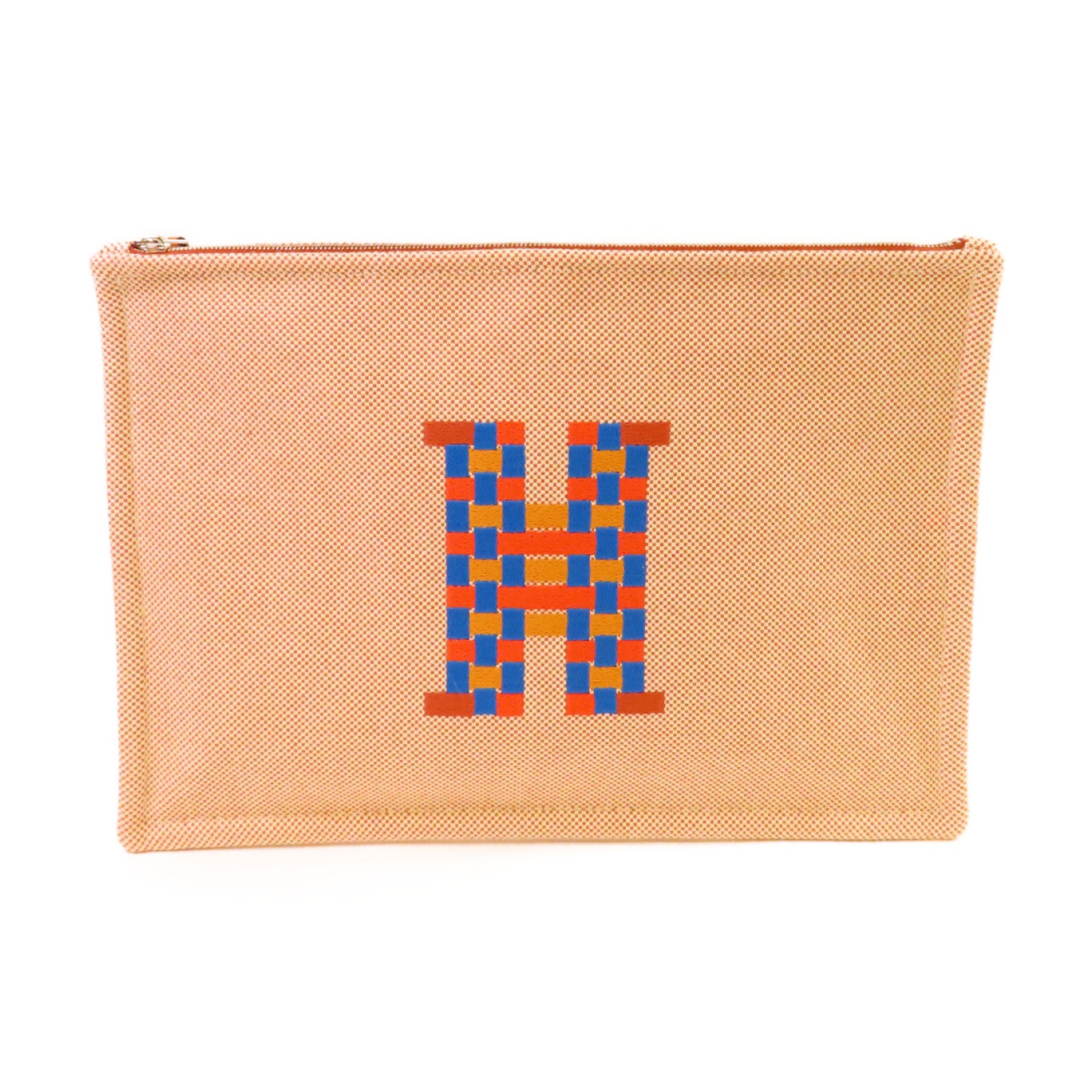 HERMES H Decoration帆布H Tissage Case銀扣手拿包棕色