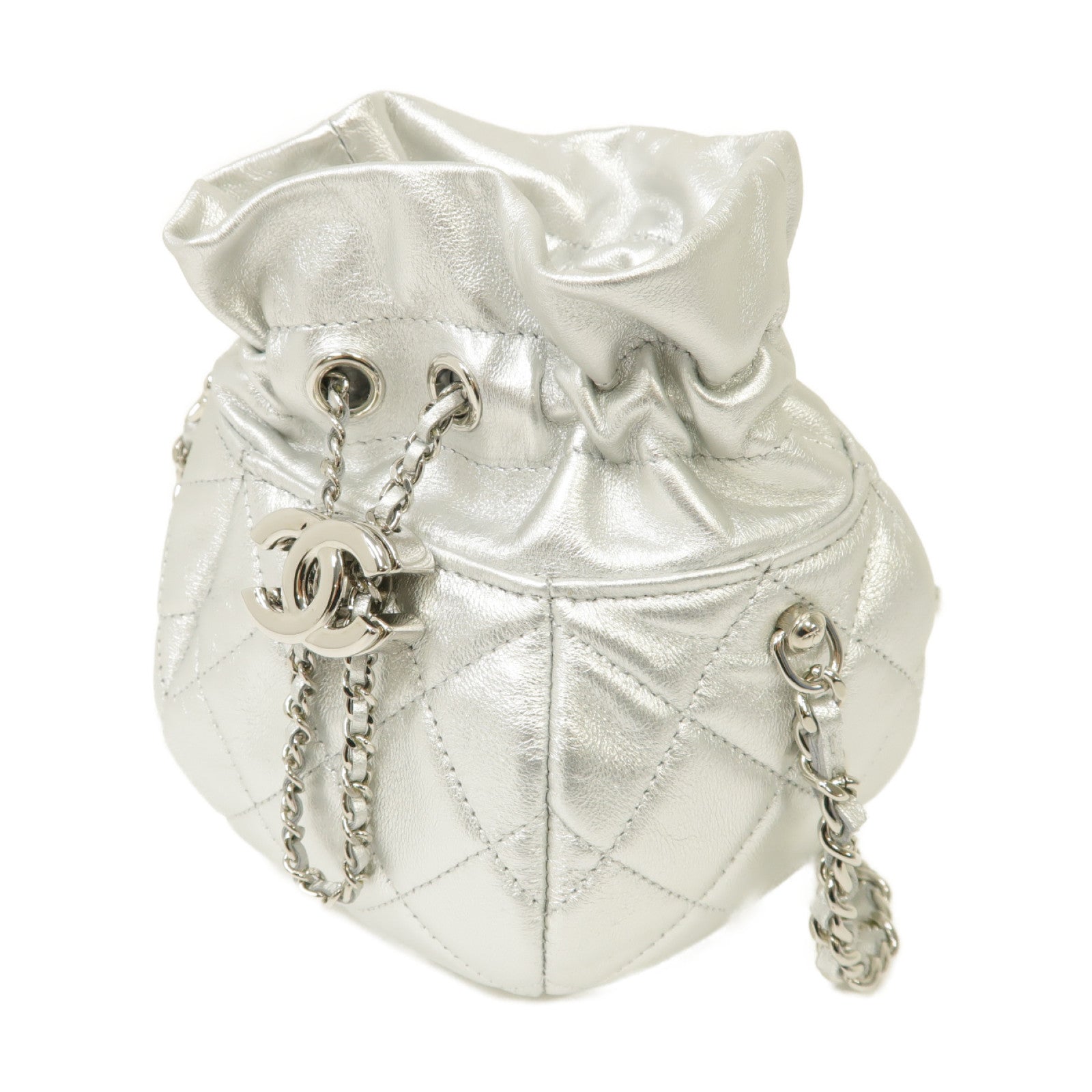 CHANEL 菱格牛皮皮革Chain Shoulder Bag銀扣鏈帶肩背袋銀色